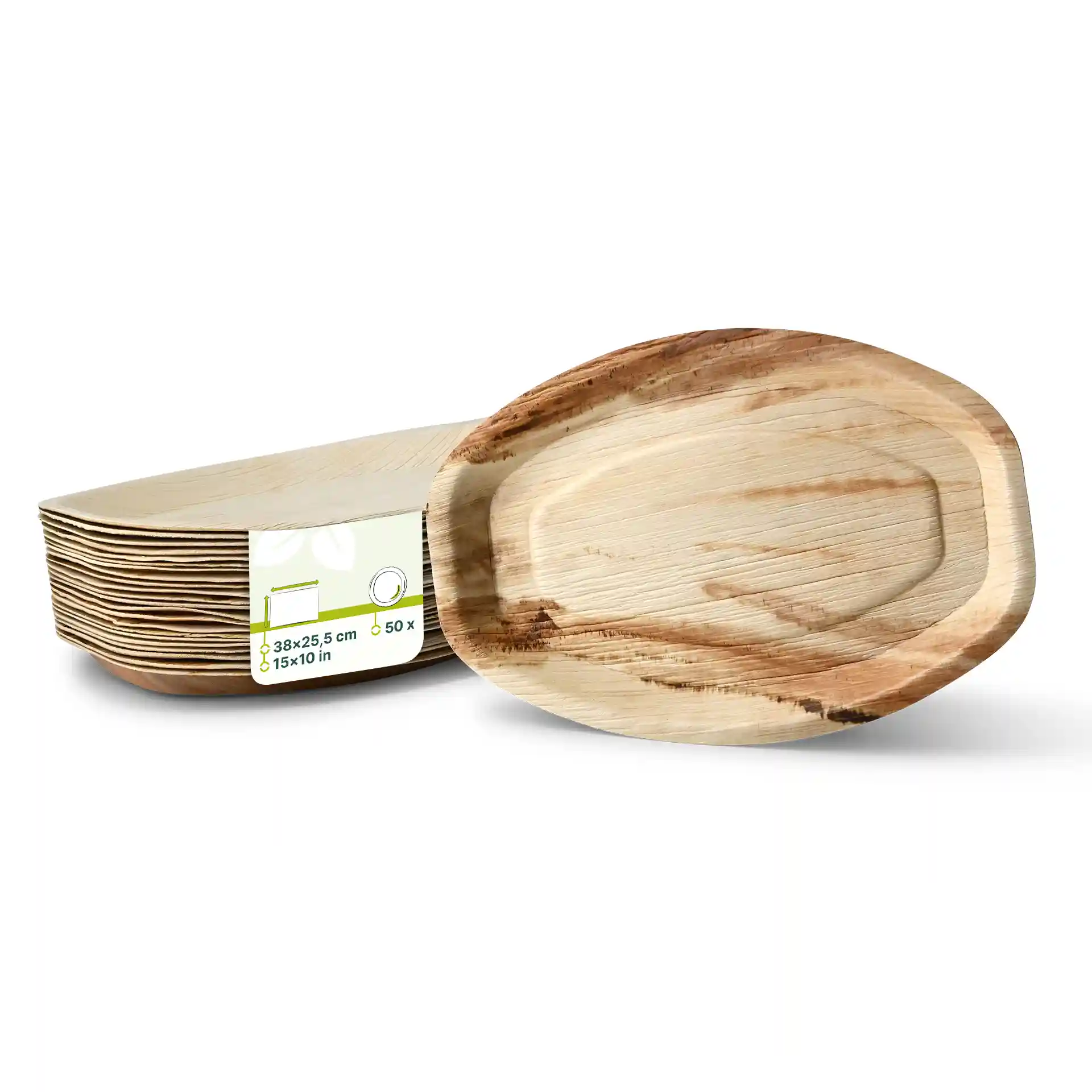 Rectangular palm leaf tray with a natural grain finish, measuring 38 x 25.5 cm, shown with a label.