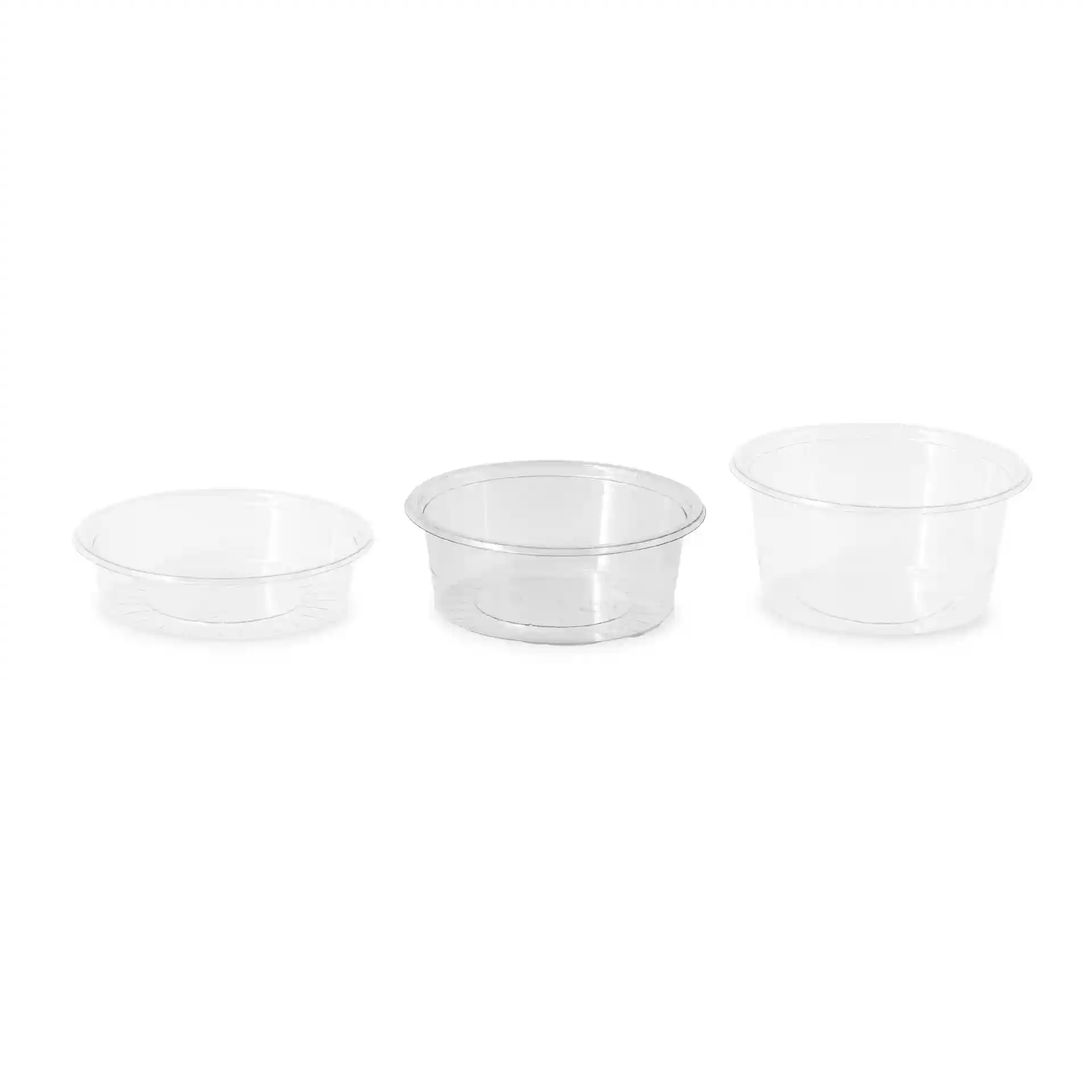 Drei klare rPET-Dip-Pötte in verschiedenen Größen, mit Durchmessern von 75 mm und Höhen von 26 mm.