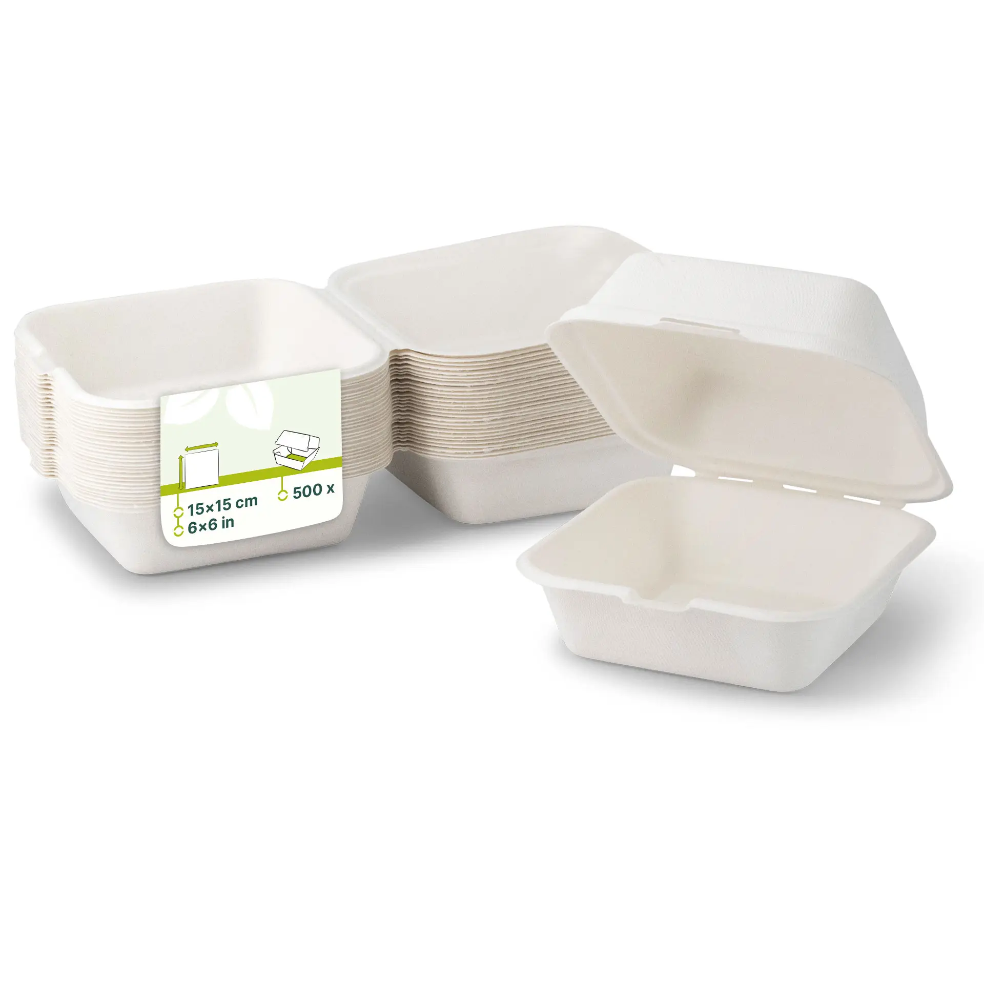 Burgerboxen aus Zuckerrohr, 15 x 15 x 8 cm, quadratisch Burgerboxen aus Zuckerrohr, 15 x 15 x 8 cm, quadratisch