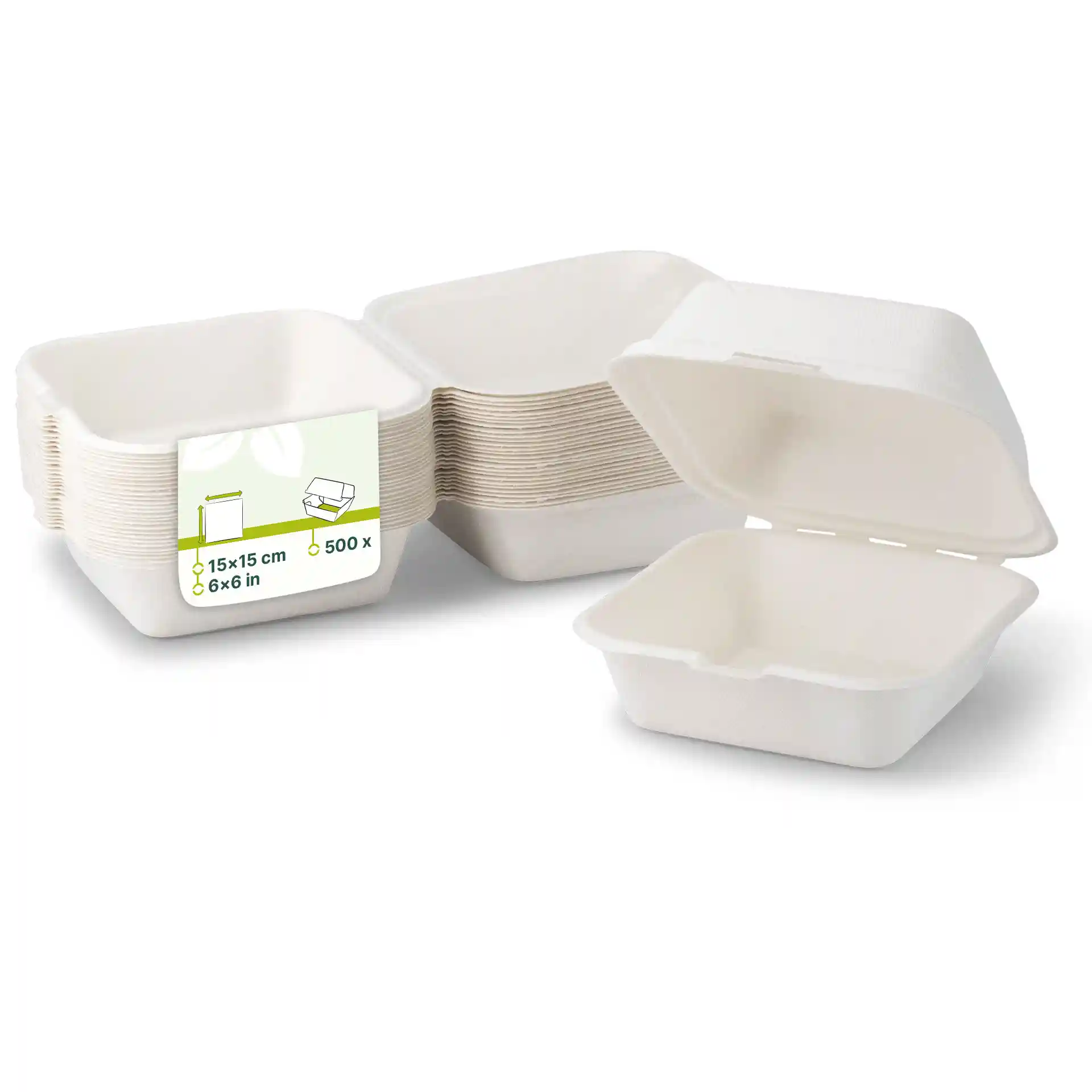 Stapel von weißen Zuckerrüben-Burgerboxen, quadratische Form, mit einer offenen Box, die das Innere zeigt.