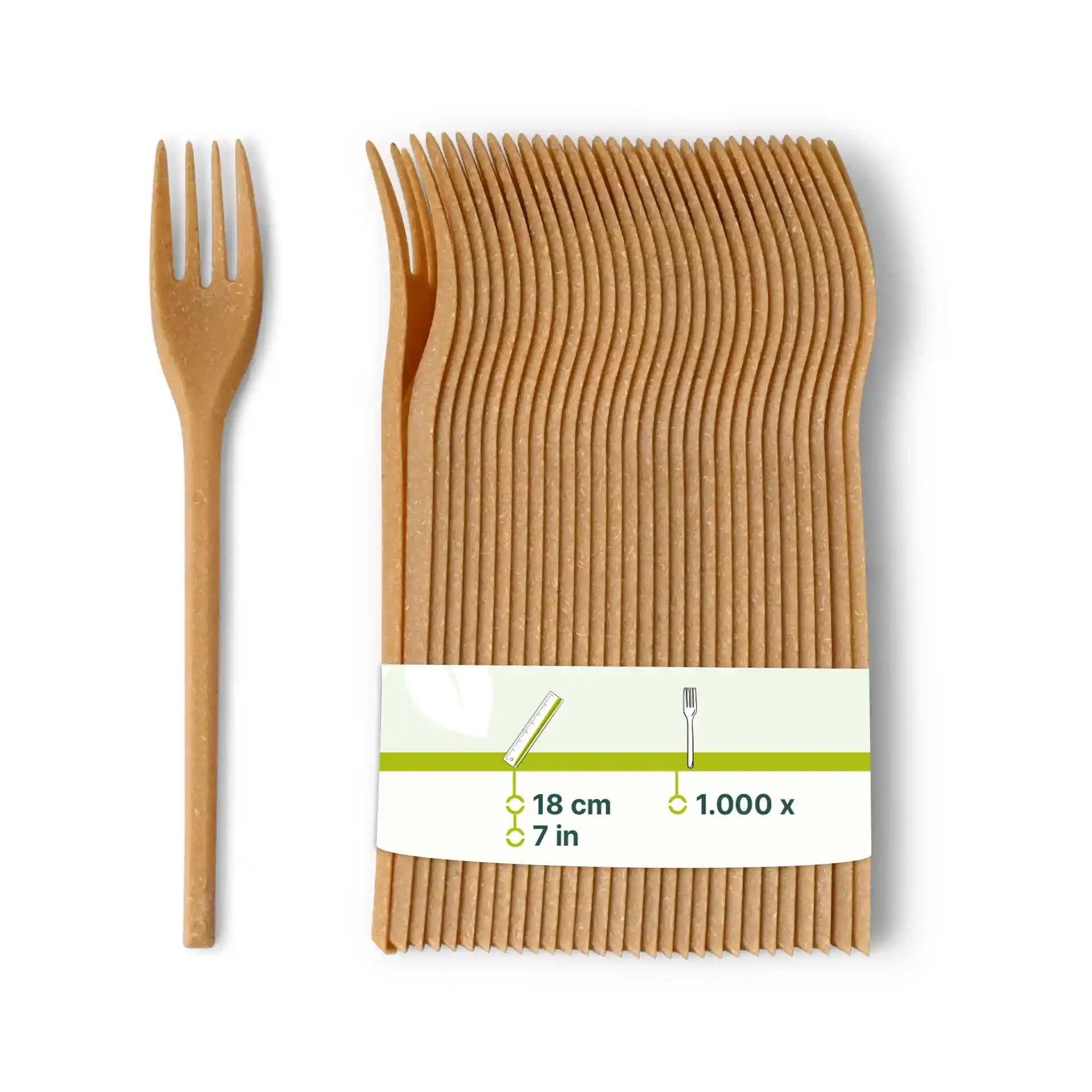Brown reusable fork made of bio compound, 18 cm long, with a pack of multiple forks displayed.