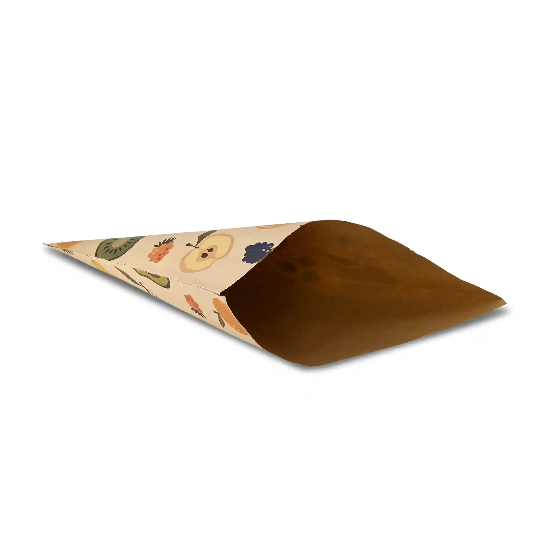 Brown paper cone bag with a fruit design, measuring 37 × 37 cm, shown from a side angle.