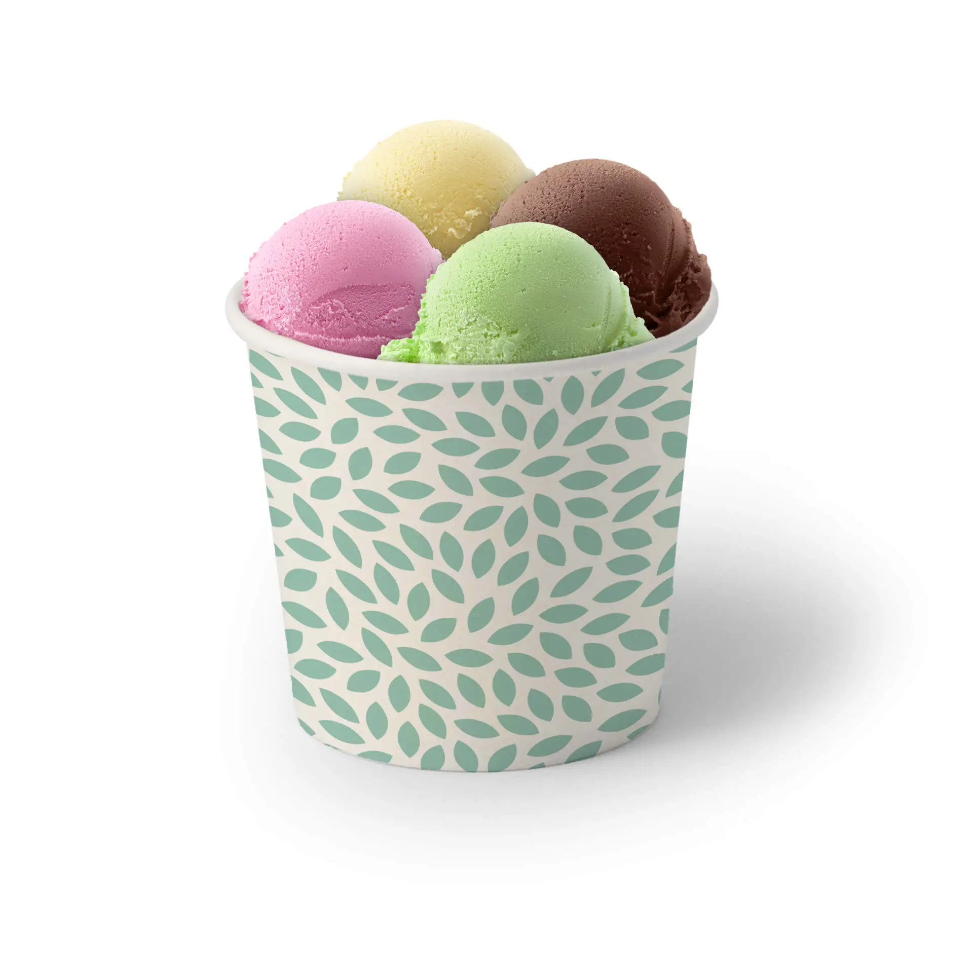 Ice cream cup filled with four scoops of different colored ice cream, featuring a decorative patterned design.