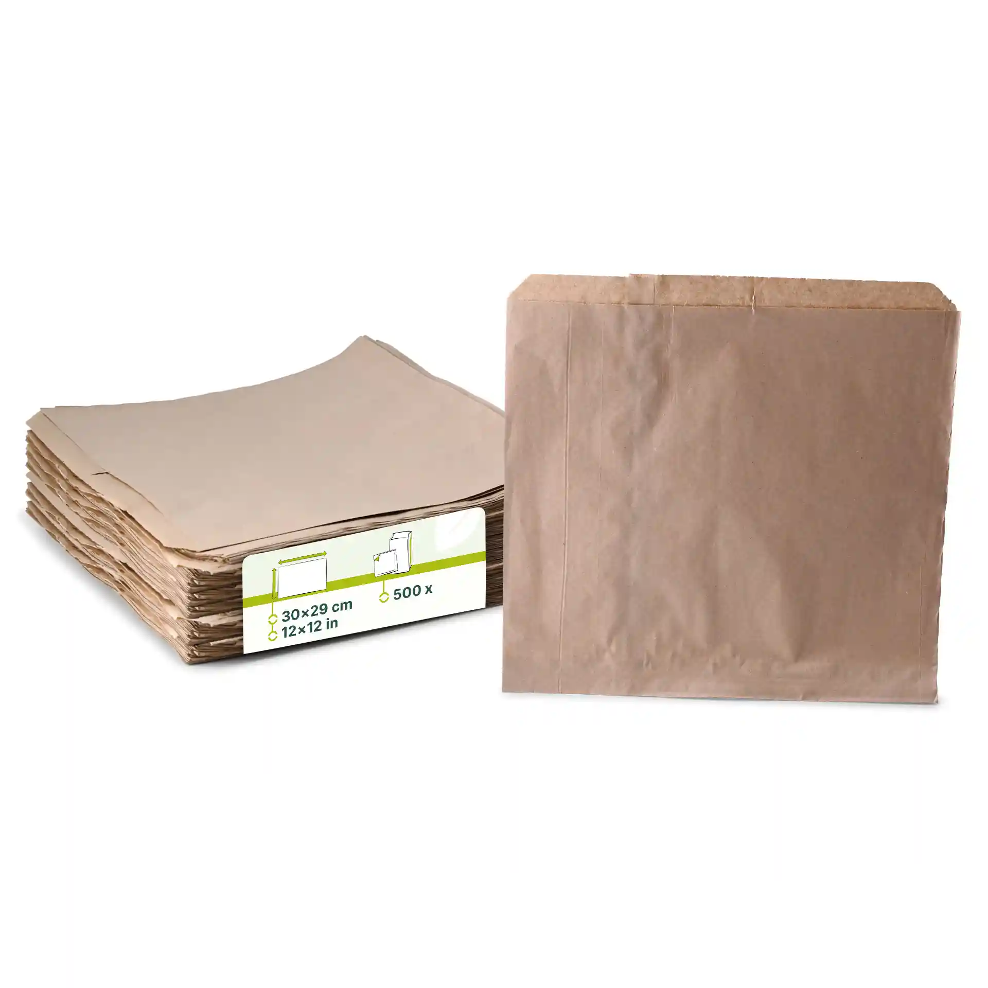 Stack of brown kraft paper flat bags, 30 x 29 cm, with one bag displayed upright.
