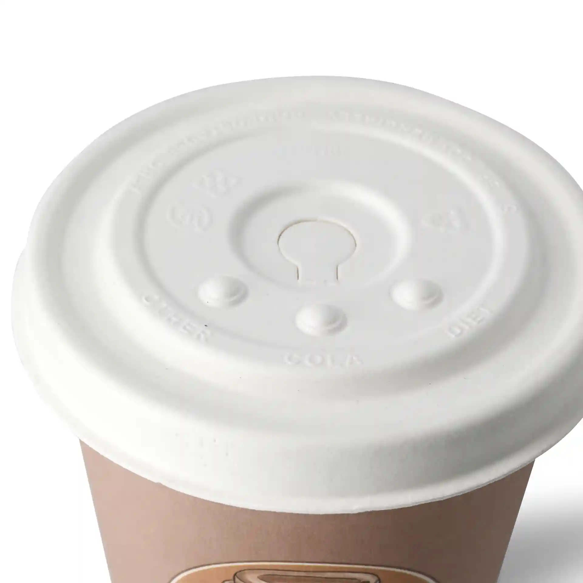 White paperboard lid with a straw hole, featuring three openings labeled for different drink types.