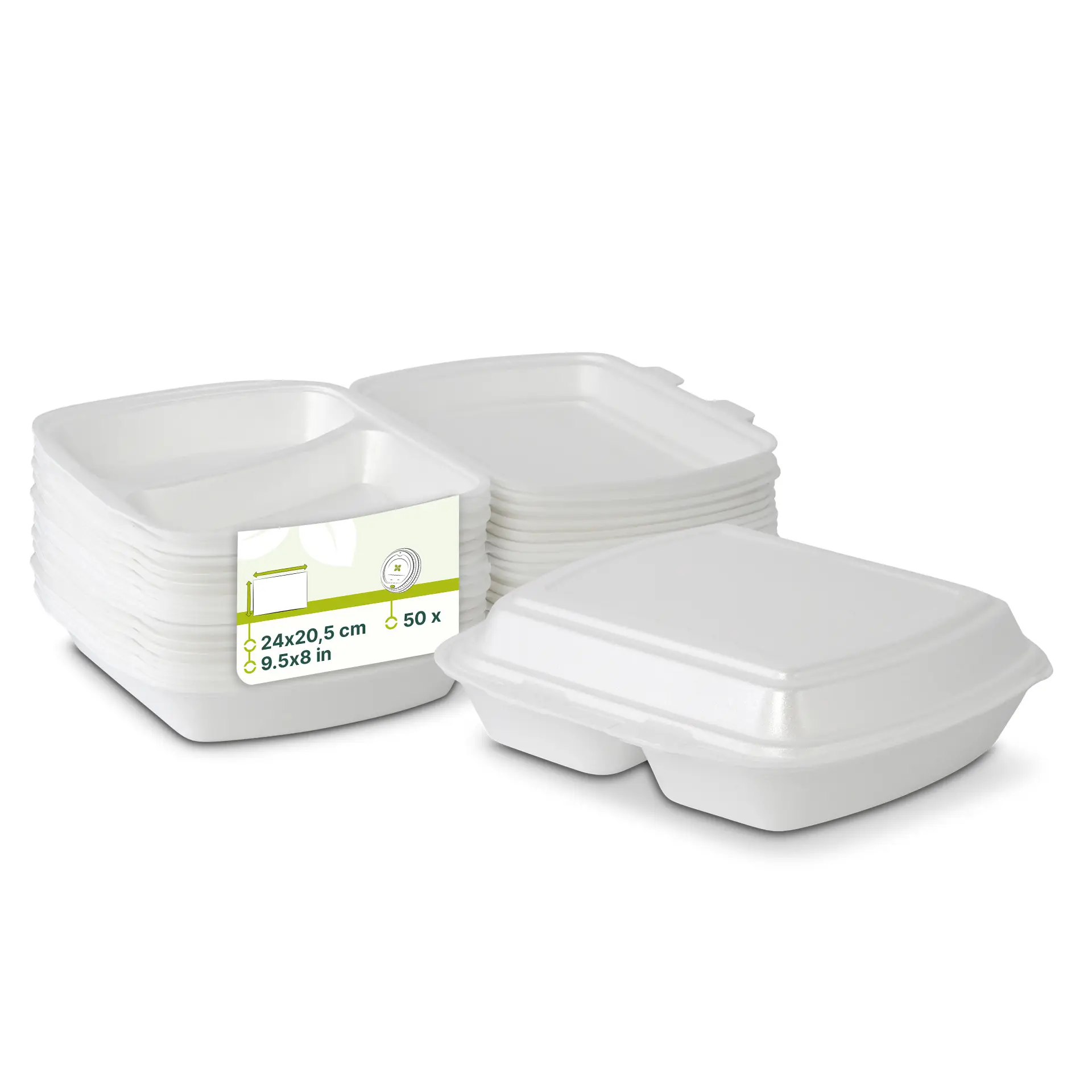 White takeout containers stacked, with a label indicating size and quantity, suitable for food storage.