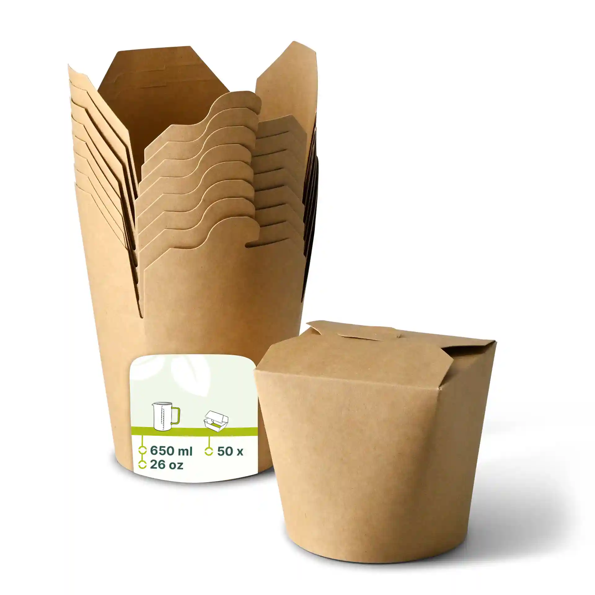 Brown noodle box made of coated cardboard, with a capacity of 650 ml, shown with multiple stacked boxes.