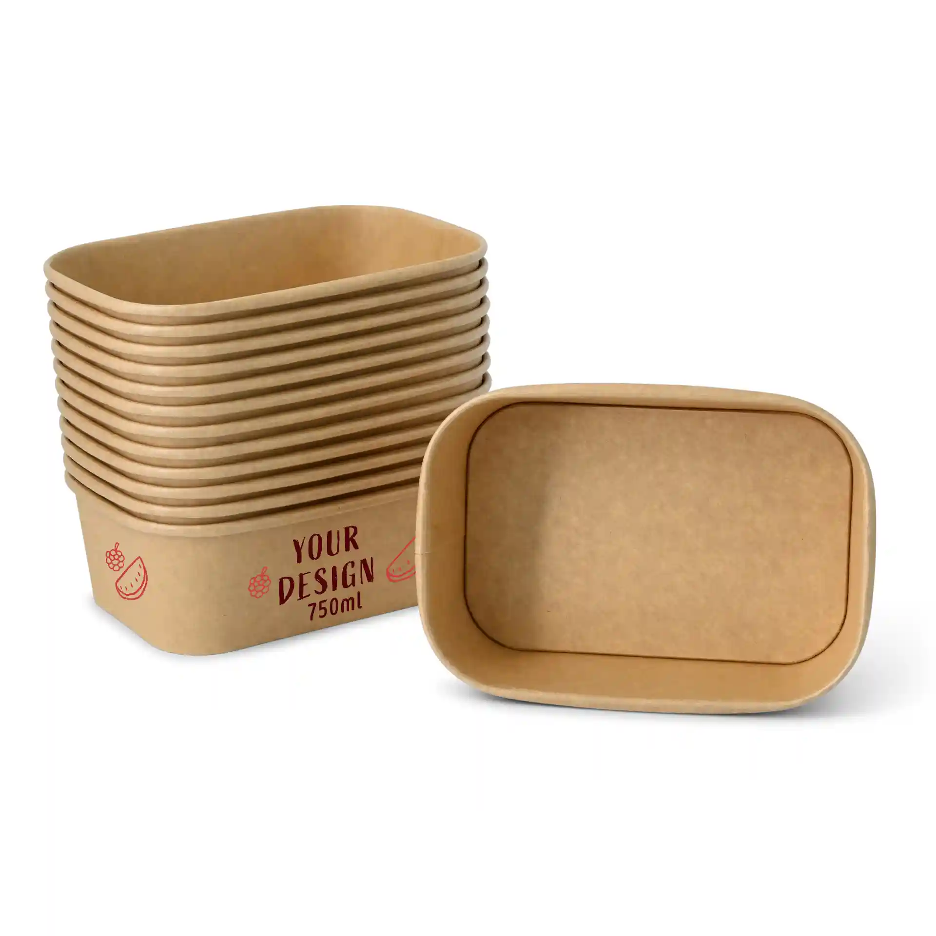 Rectangular brown salad bowl with a PLA coating, 750 ml capacity, stacked with one bowl in front.