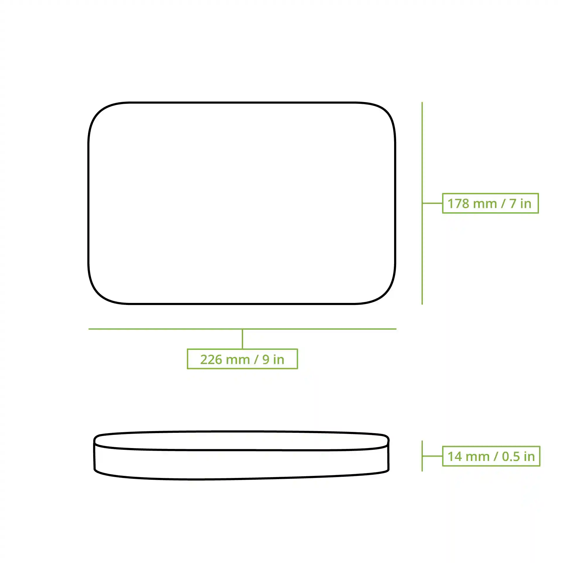 Schematic drawing of a rectangular aluminium lid for a two-compartment meal tray with dimensions labeled.