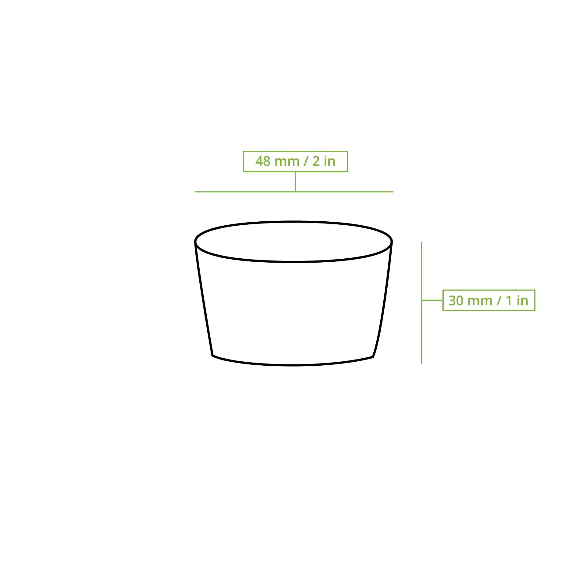 Schematische Zeichnung eines braunen Bechers mit den Maßen: 48 mm Durchmesser und 30 mm Höhe.