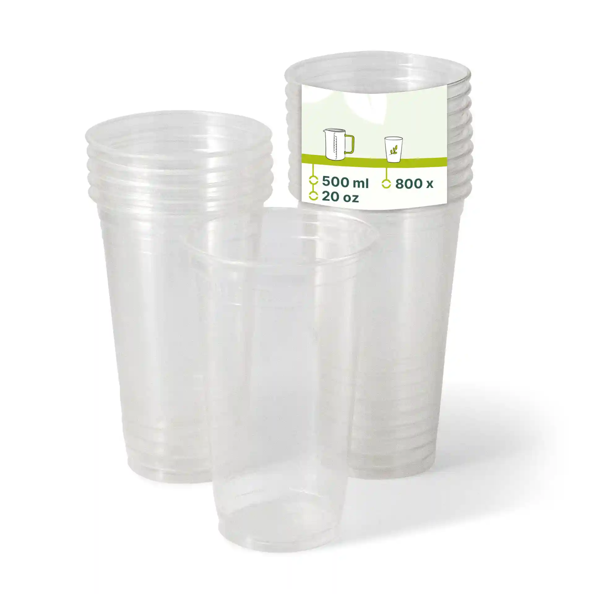 Transparente Plastikbecher gestapelt, mit einem Etikett, das eine Kapazität von 500 ml und eine Menge von 800 Bechern zeigt.