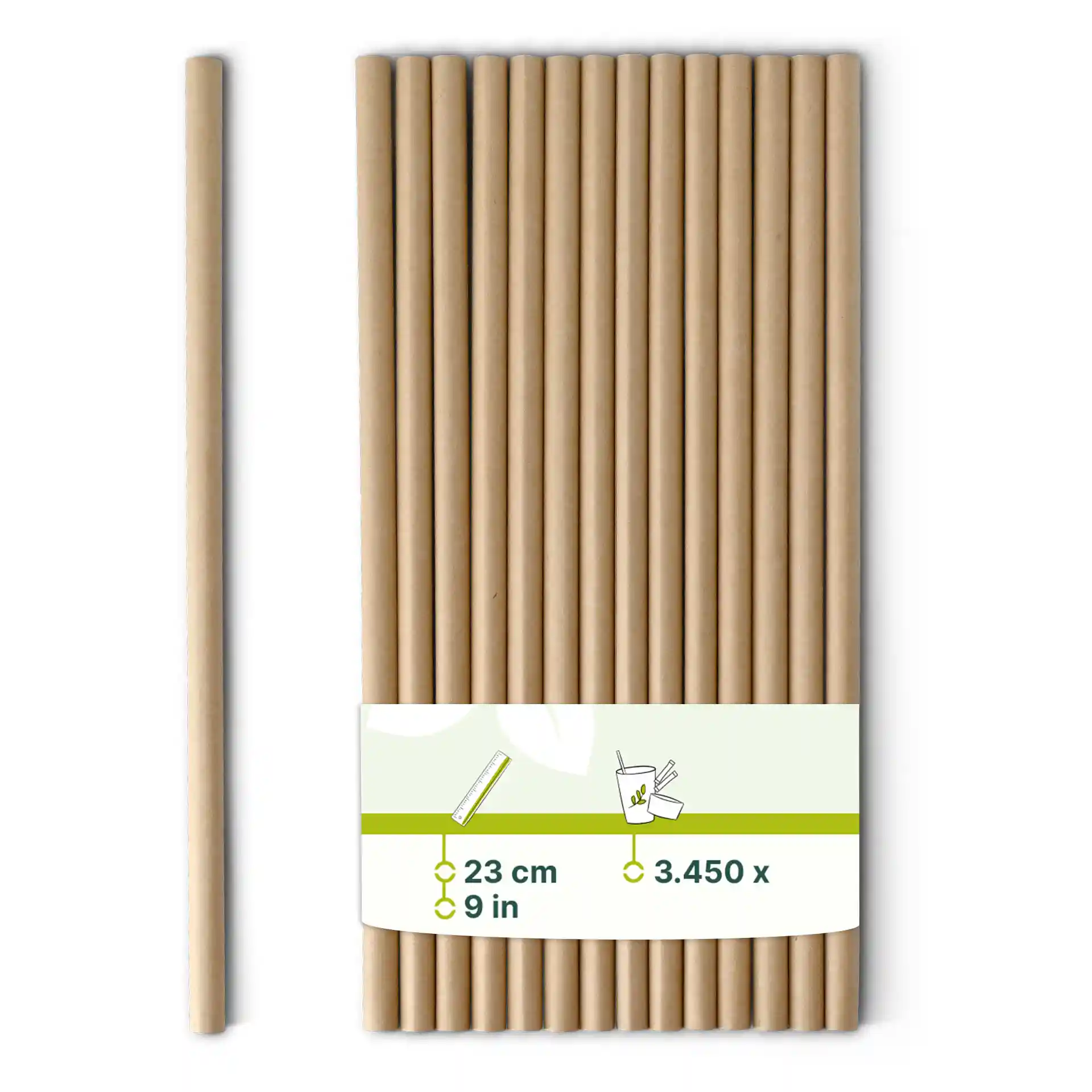 Braune Papier-Jumbo-Getränkestr straw, 23 cm lang und 0,8 cm breit, vertikal angeordnet mit einem Etikett.