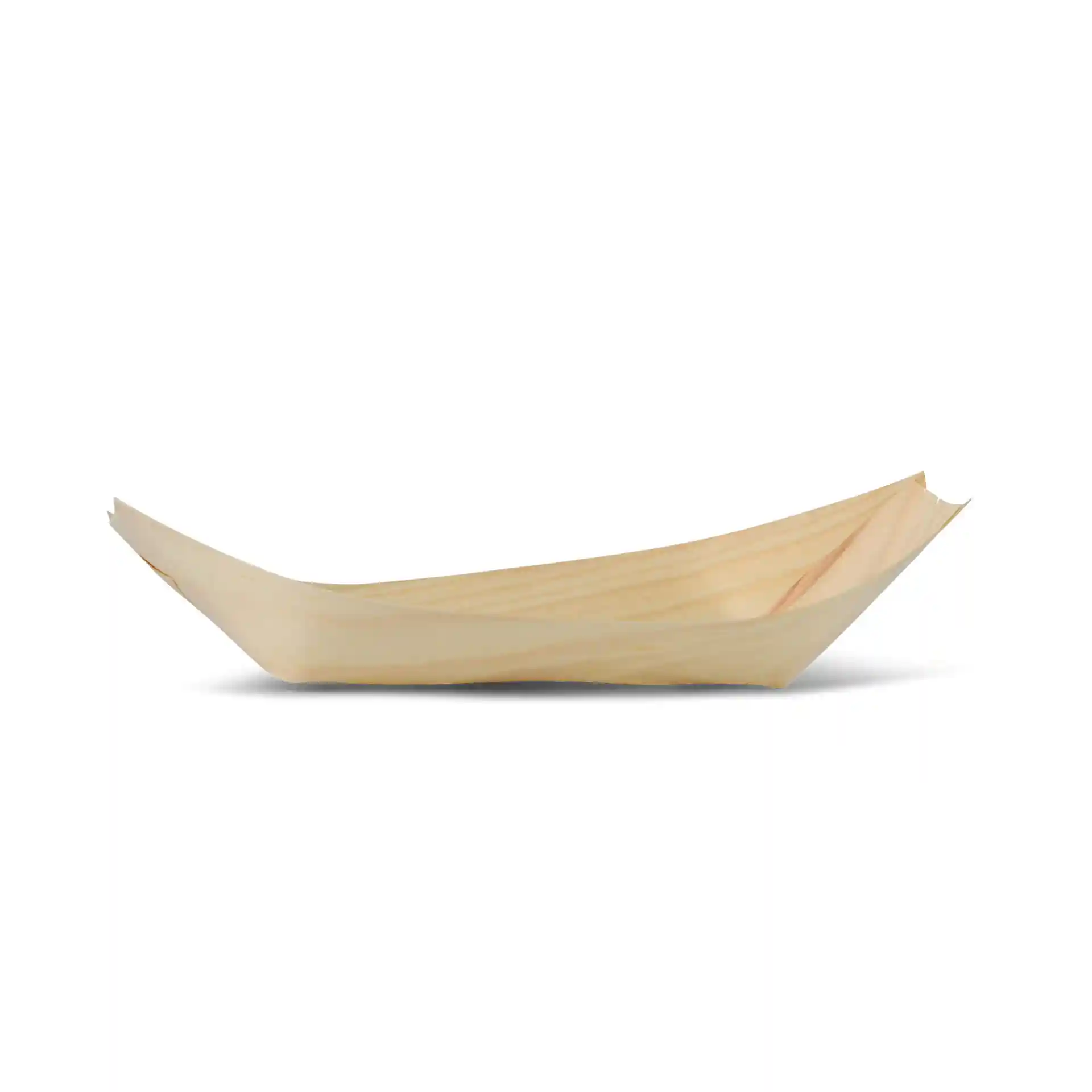 Wooden boat-shaped dish measuring 24.5 cm in length, made of brown wood with no coating.