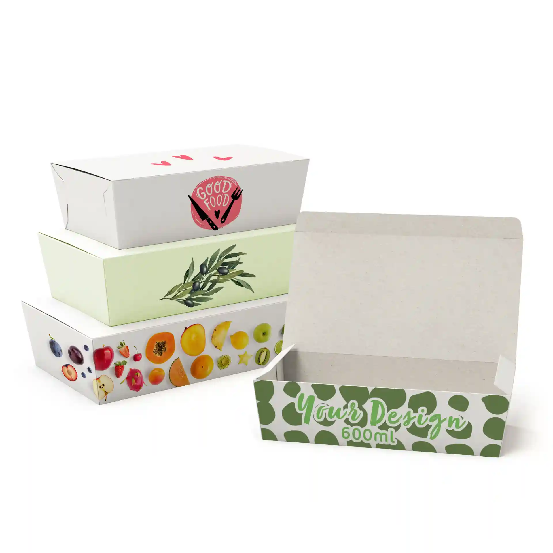 Bild von vier bedruckten Snackboxen in verschiedenen Designs, eine Box geöffnet mit weißem Innenraum.