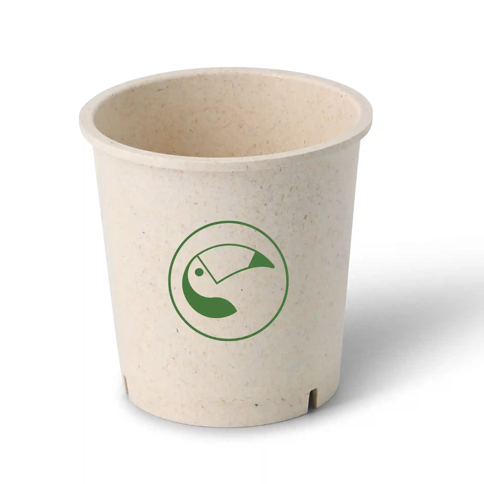 Round cream white reusable soup cup made of bio compound, featuring a green logo on the side.