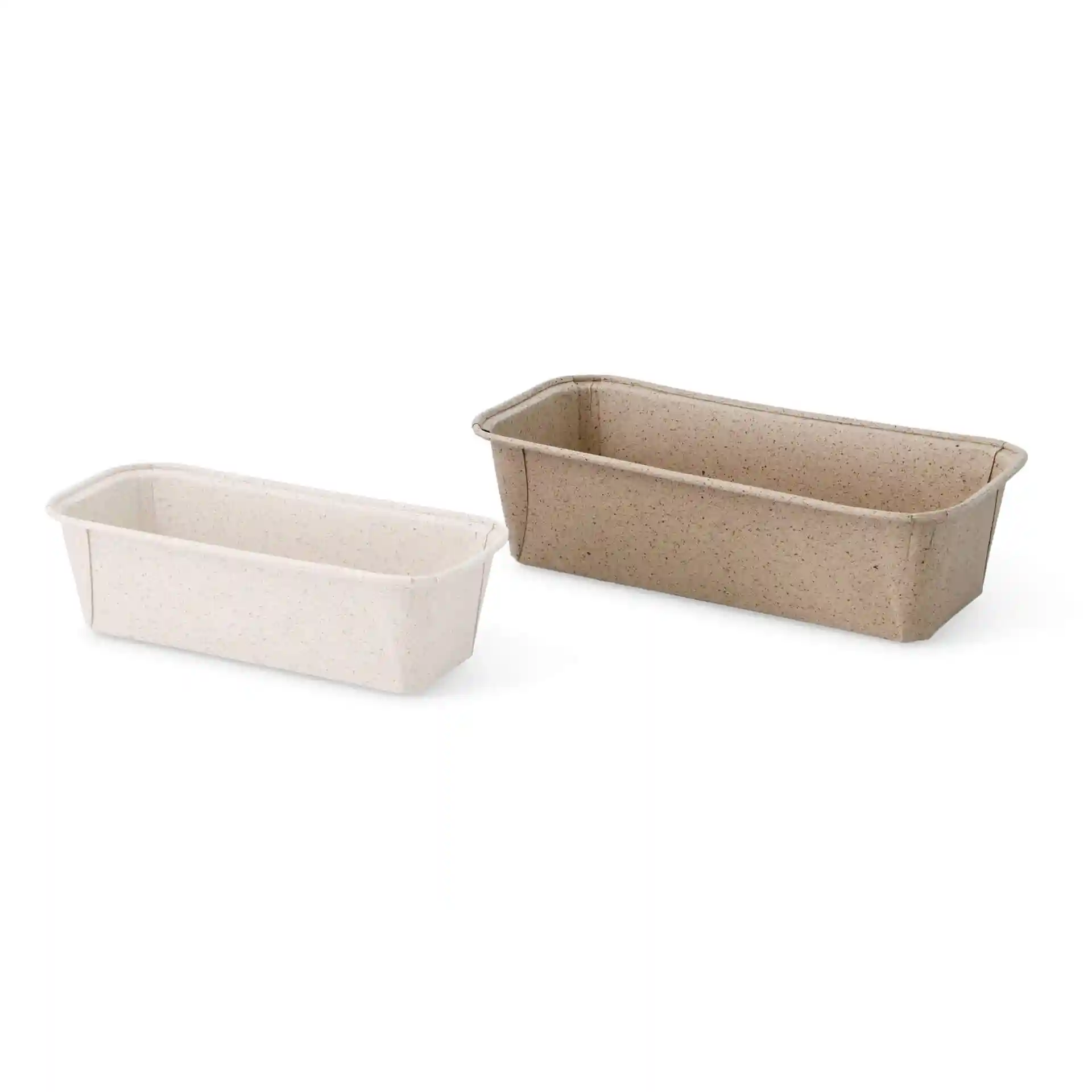 Two rectangular baking moulds made from cocoa paper, one brown and one light brown, placed side by side.