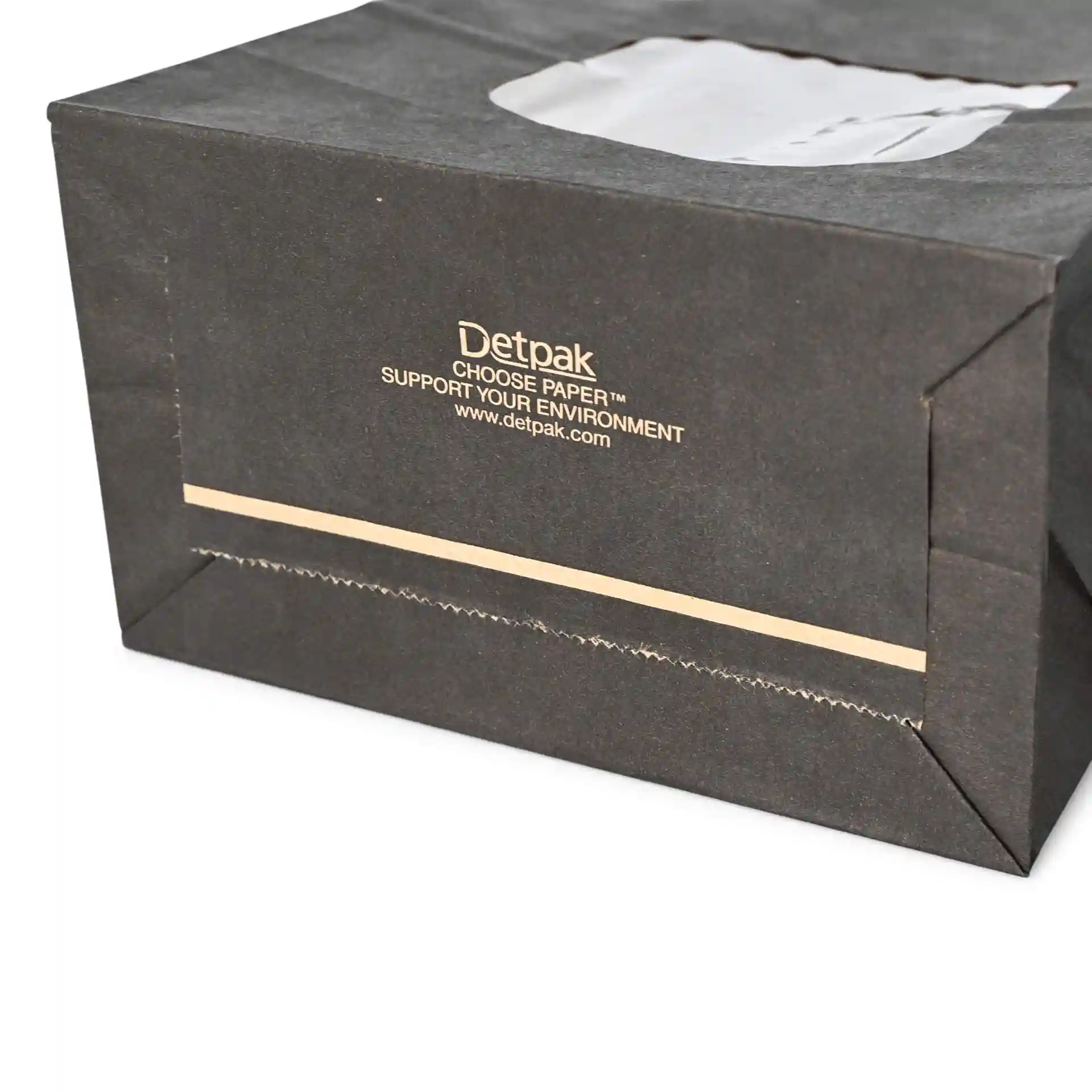 Black kraft paper block bottom bag with a tin tie and viewing window, dimensions 11.5 x 7 x 24.5 cm.