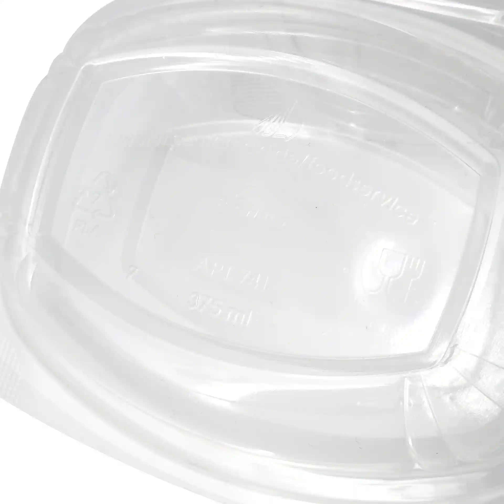 Transparente rechteckige PLA-Delischale mit Klappdeckel, 375 ml Fassungsvermögen, von oben betrachtet.