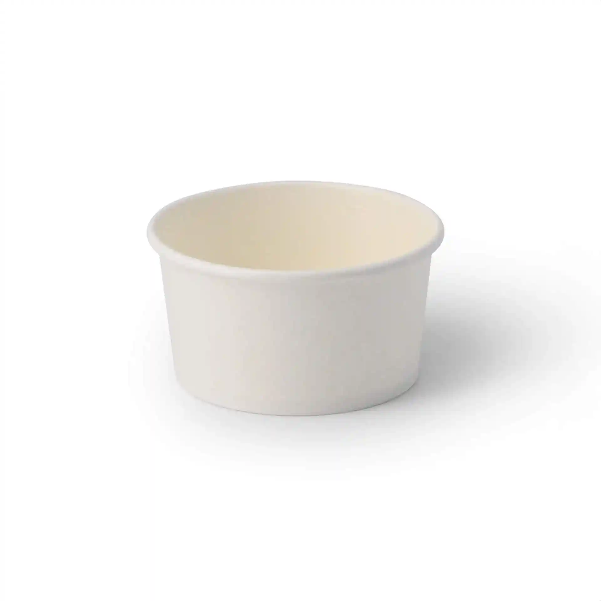Weißer Pappbecher für Eiscreme, runde Form, 92 mm Durchmesser oben und 48 mm Höhe.