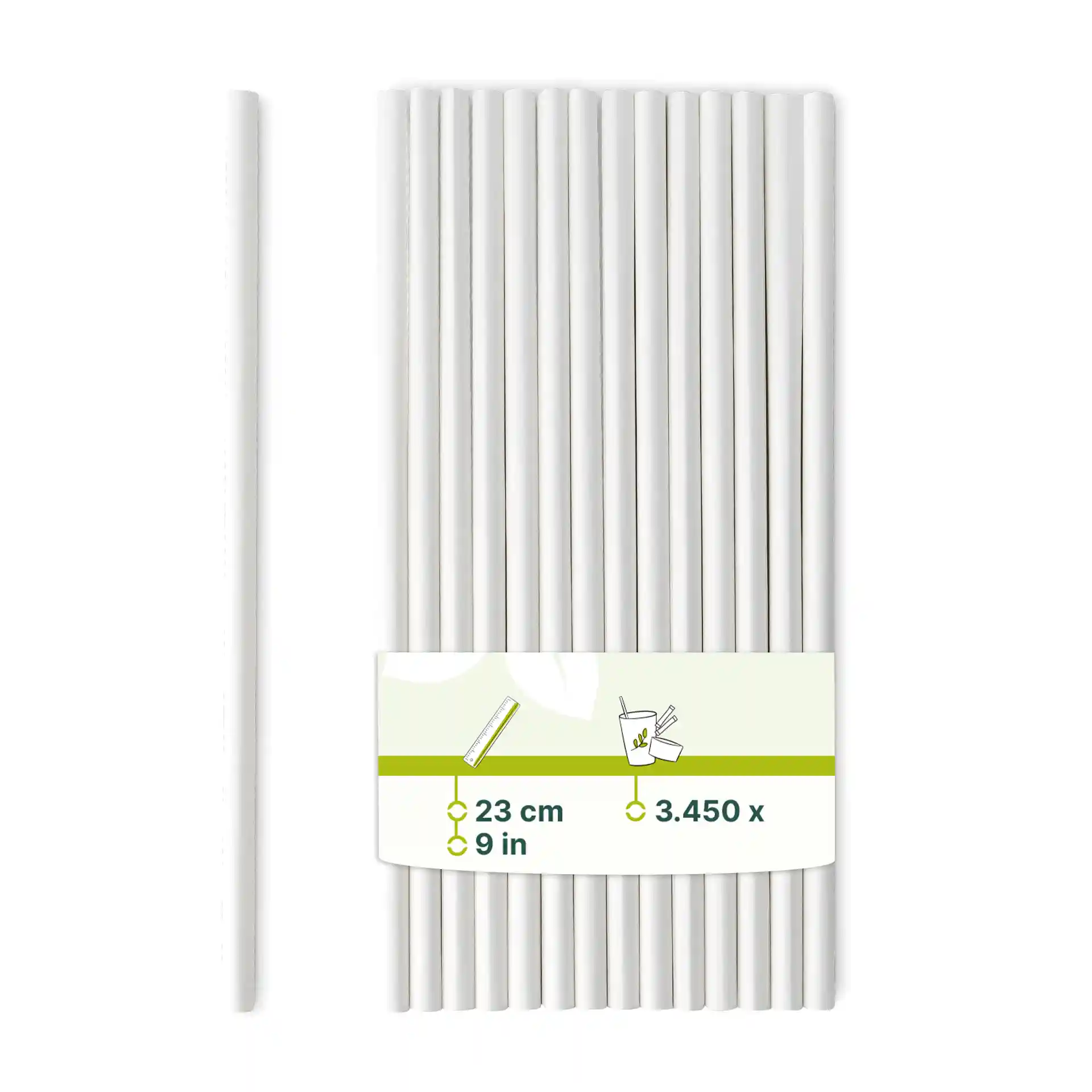 White jumbo drinking straws, 23 cm long and 0.8 cm wide, arranged vertically with a label showing dimensions.