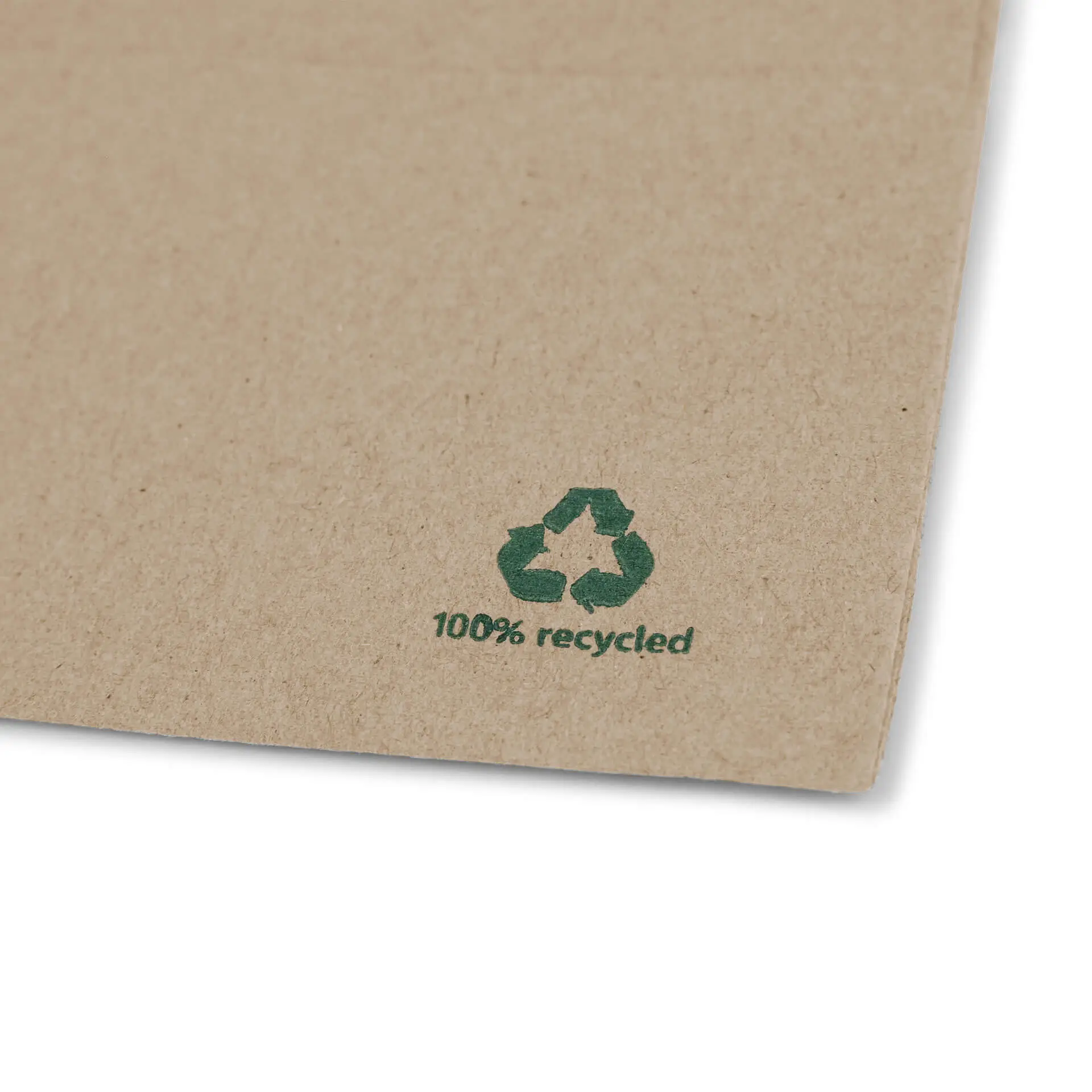 Image of unbleached paper napkin with a green recycling symbol and text indicating it is made from recycled material.