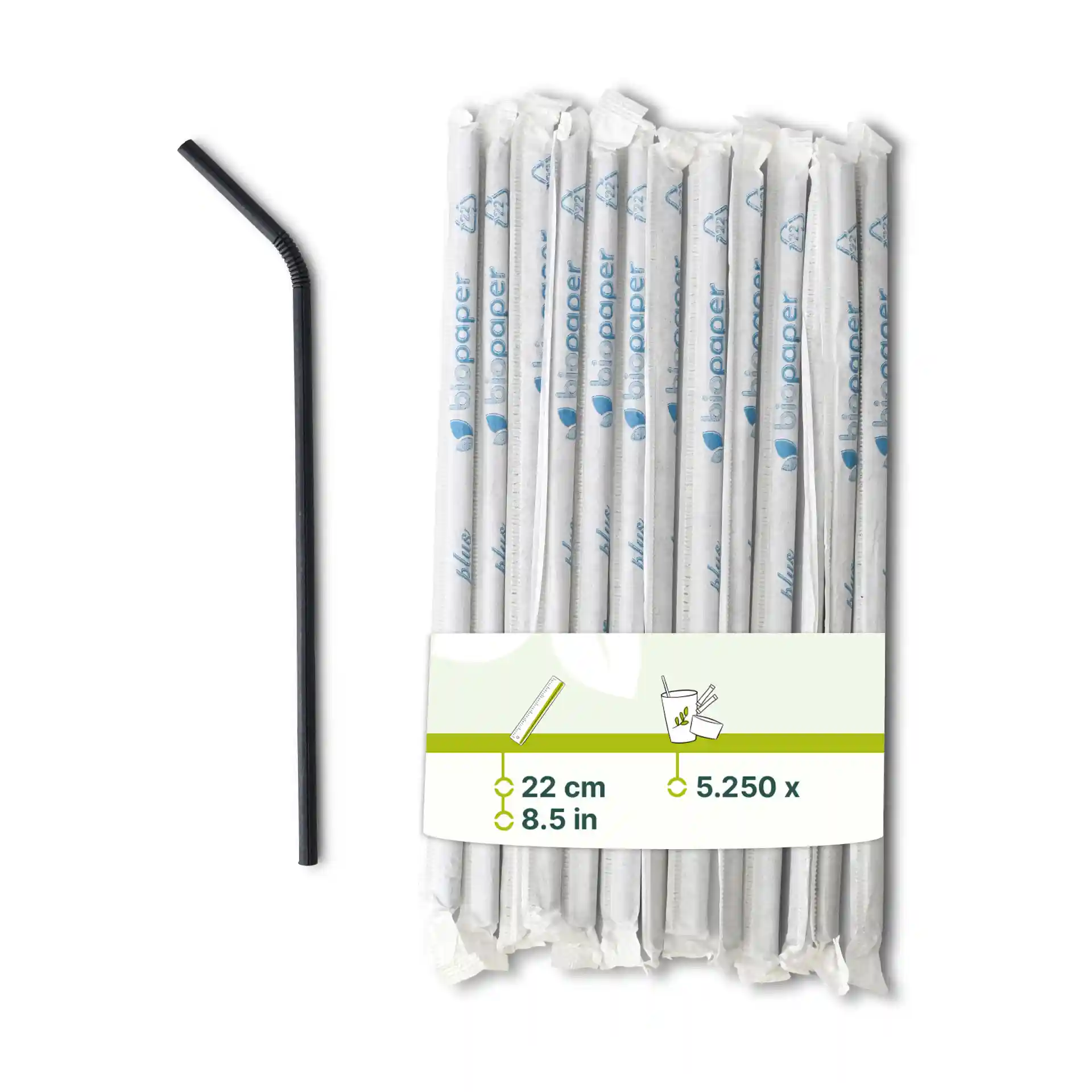 Black flexible paper straw, 22 cm long, with several wrapped paper straws in the background.