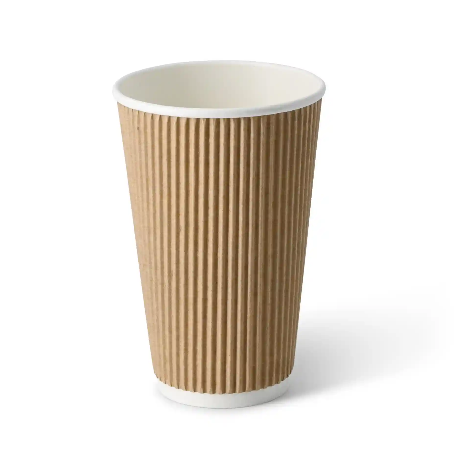 Brauner Wellpappbecher mit weißer Innenbeschichtung, 16 oz Fassungsvermögen, runde Form.