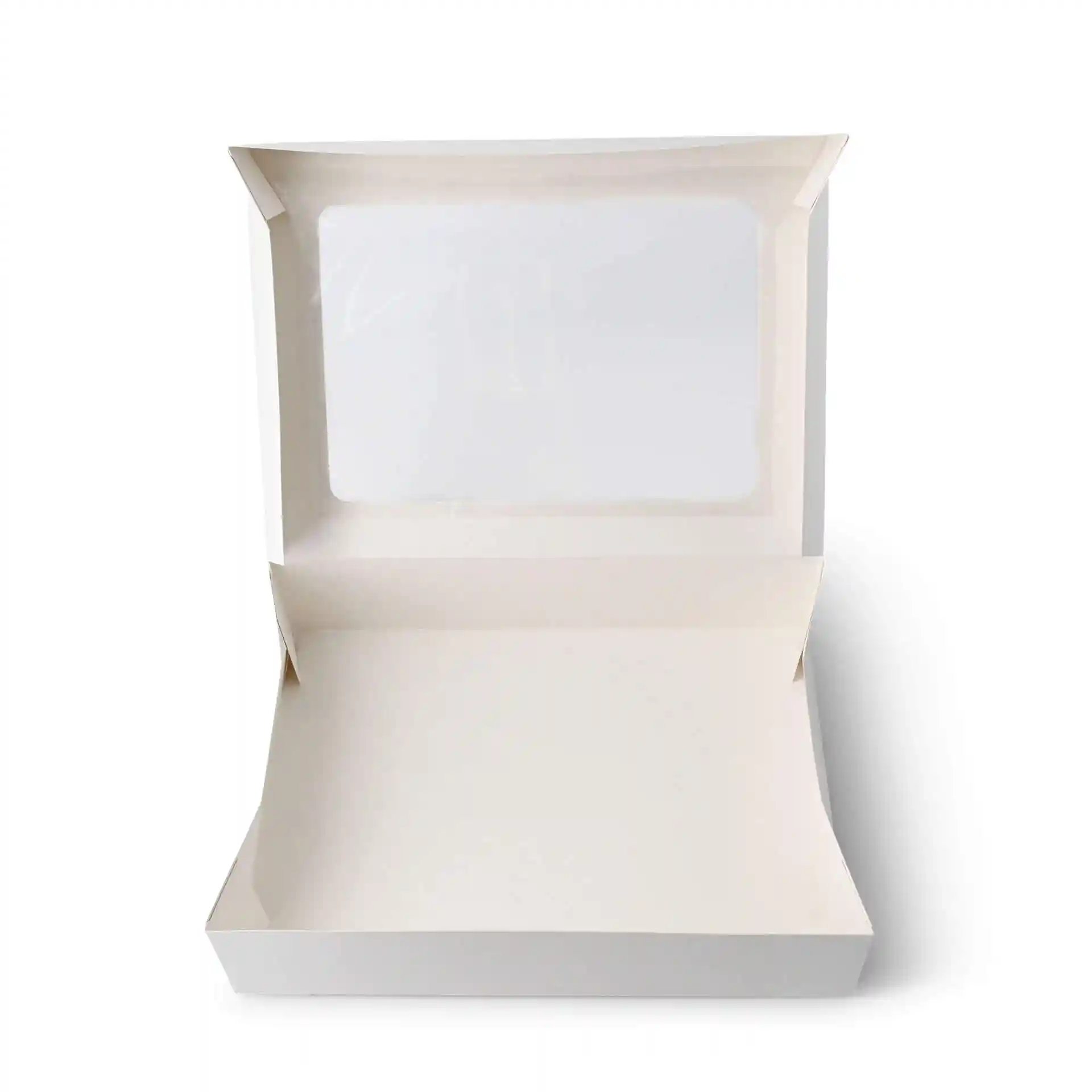 White rectangular cupcake box with a cellulose window, opened to show the interior space.