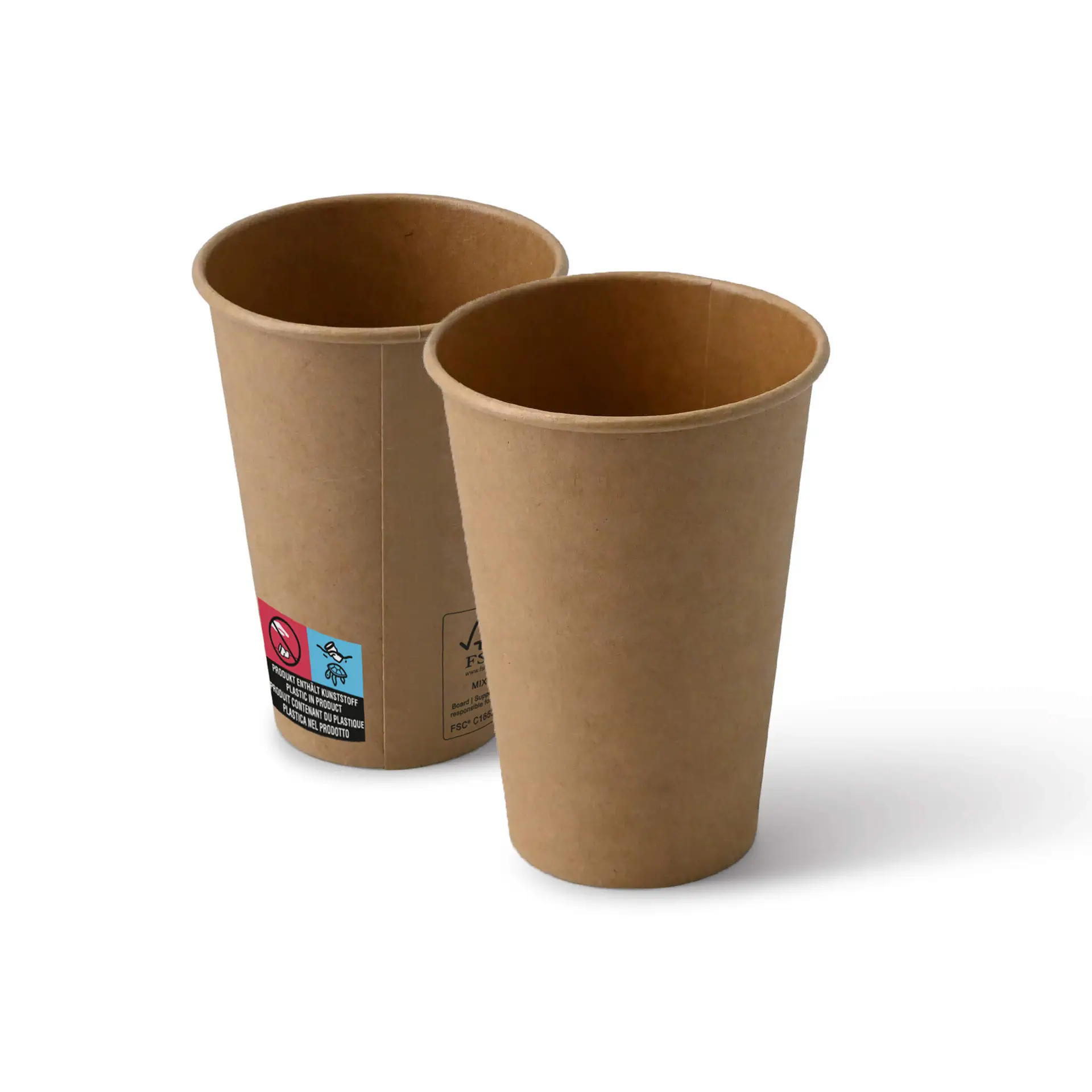 Zwei 7,5 oz braune Papierbecher für Verkaufsautomaten; einer mit sichtbarem Etikett und Markierungen, im klassischen Design.