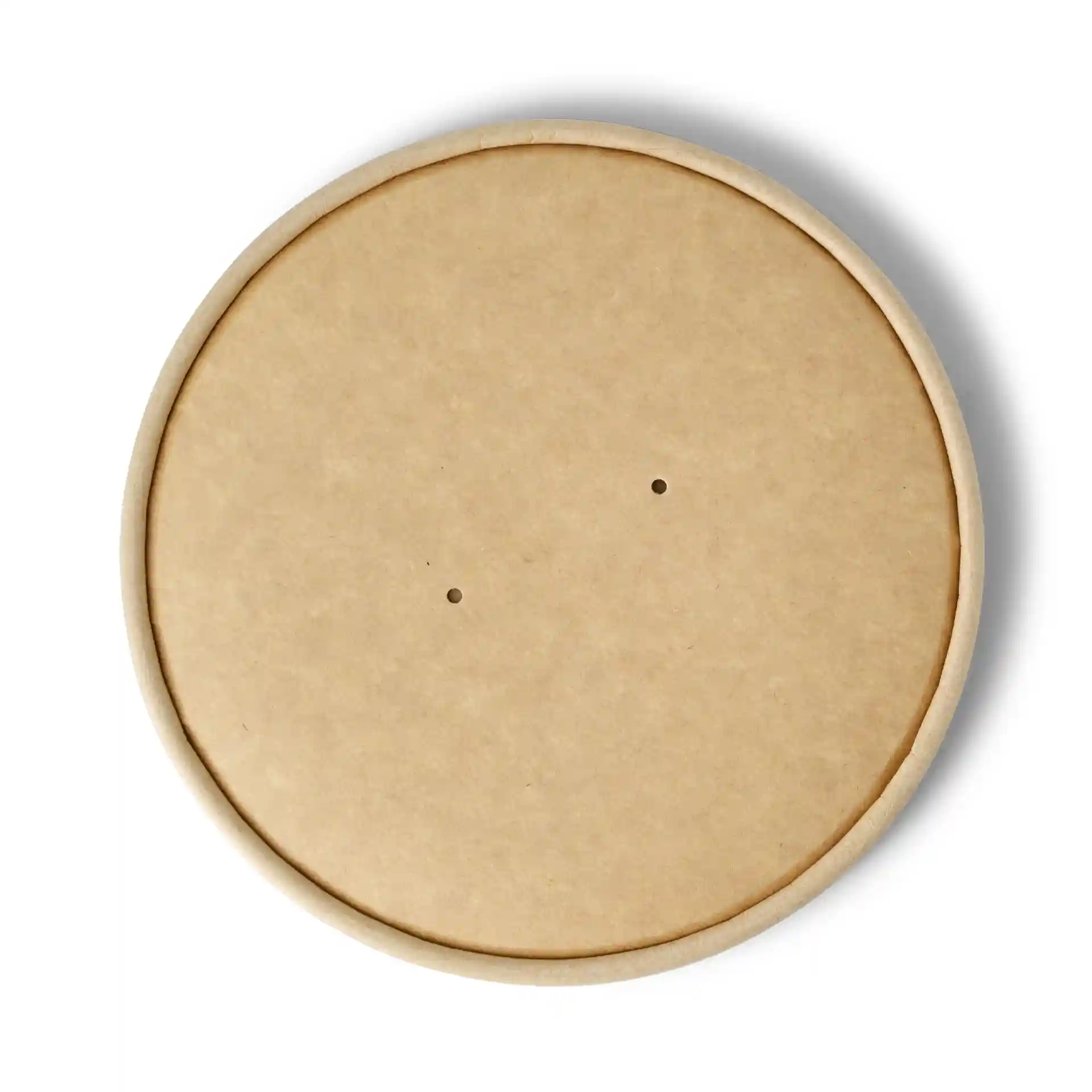 Runder brauner Kartondeckel mit beschichteter Oberfläche, zwei kleine Löcher, Durchmesser 150 mm.