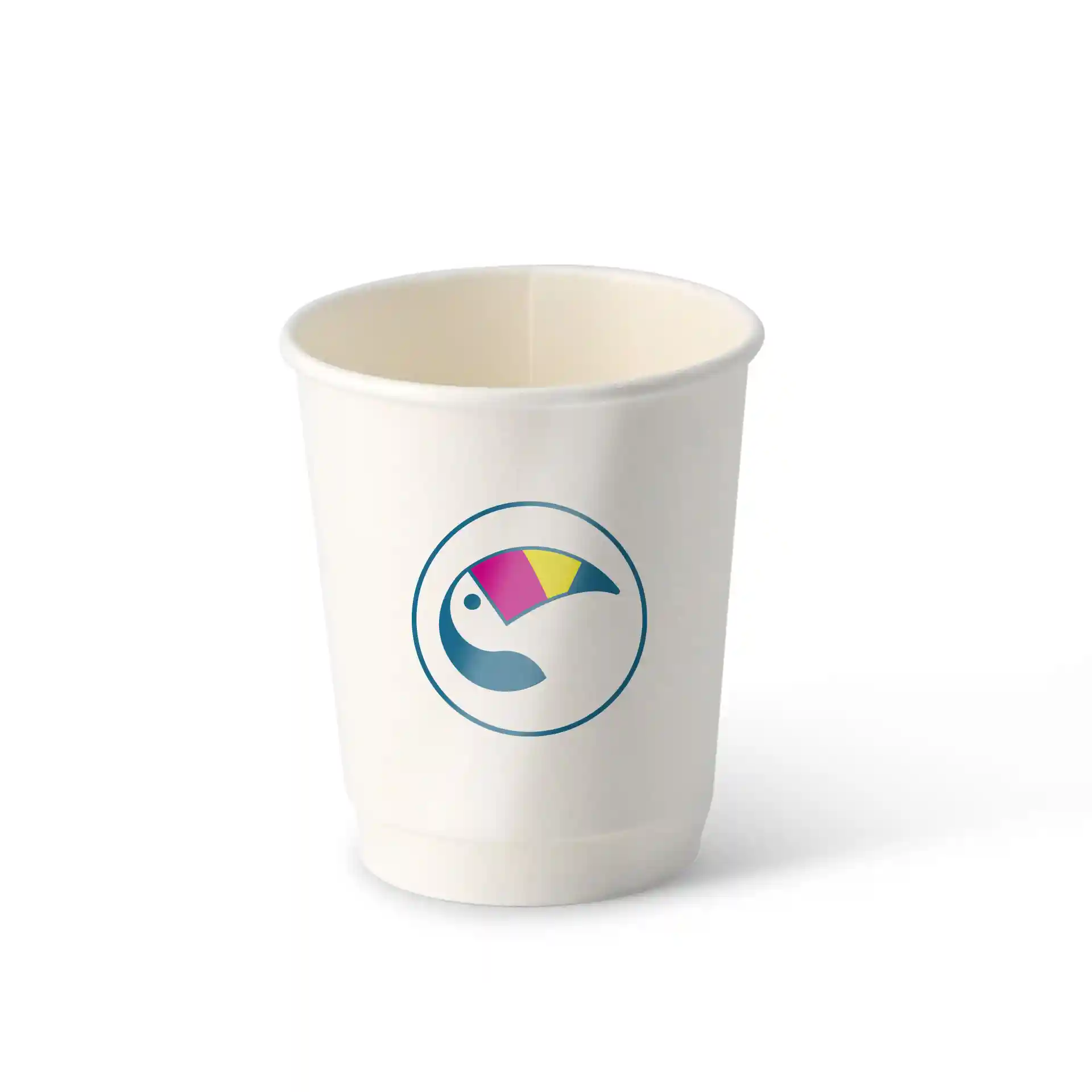 White double-walled paper cup with a circular logo featuring a stylized toucan design in blue, pink, and yellow.