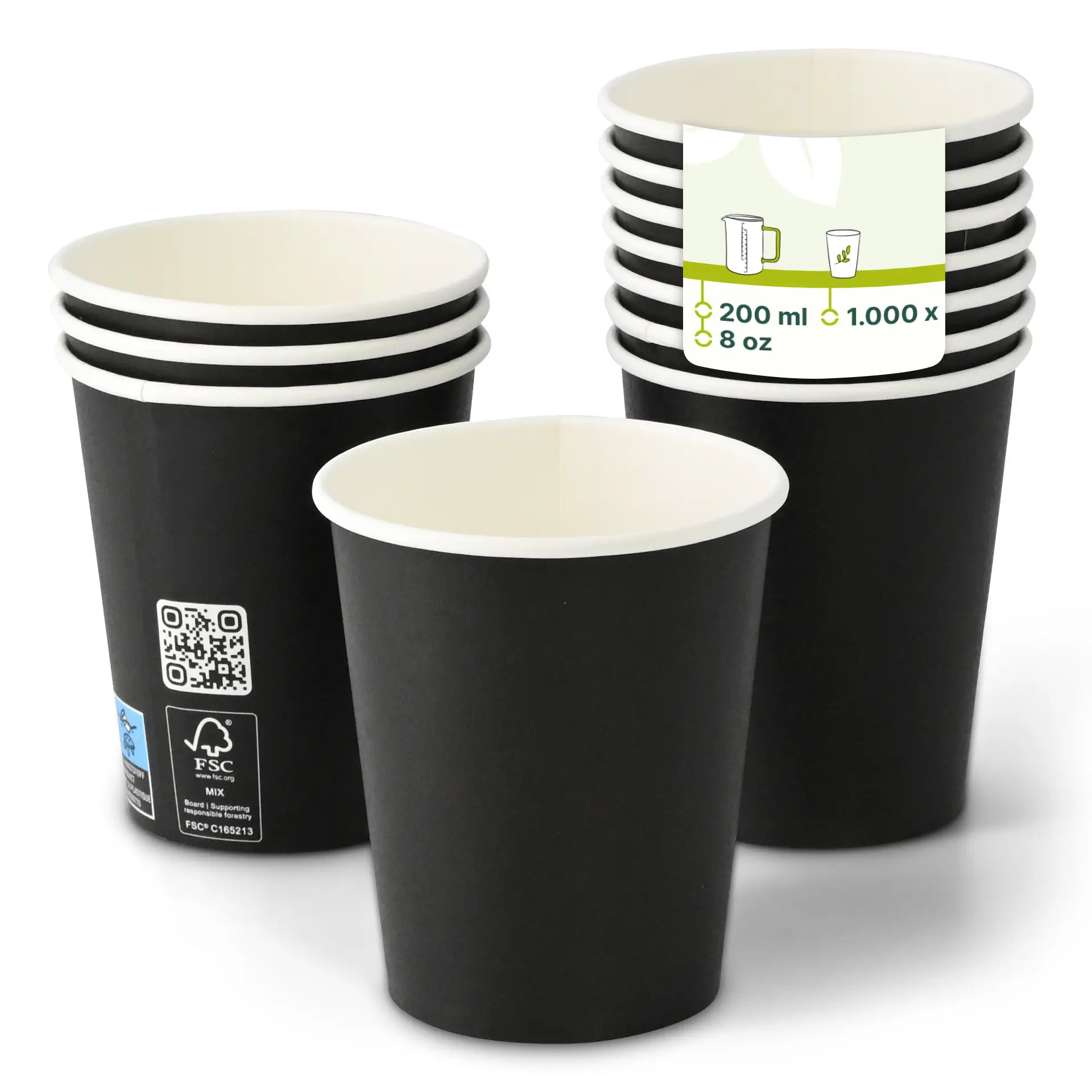 Ein schwarzer Pappbecher (200 ml / 8 oz) mit PLA-Beschichtung im Fokus; mehrere ähnliche Becher mit reduzierter Opazität im Hintergrund.