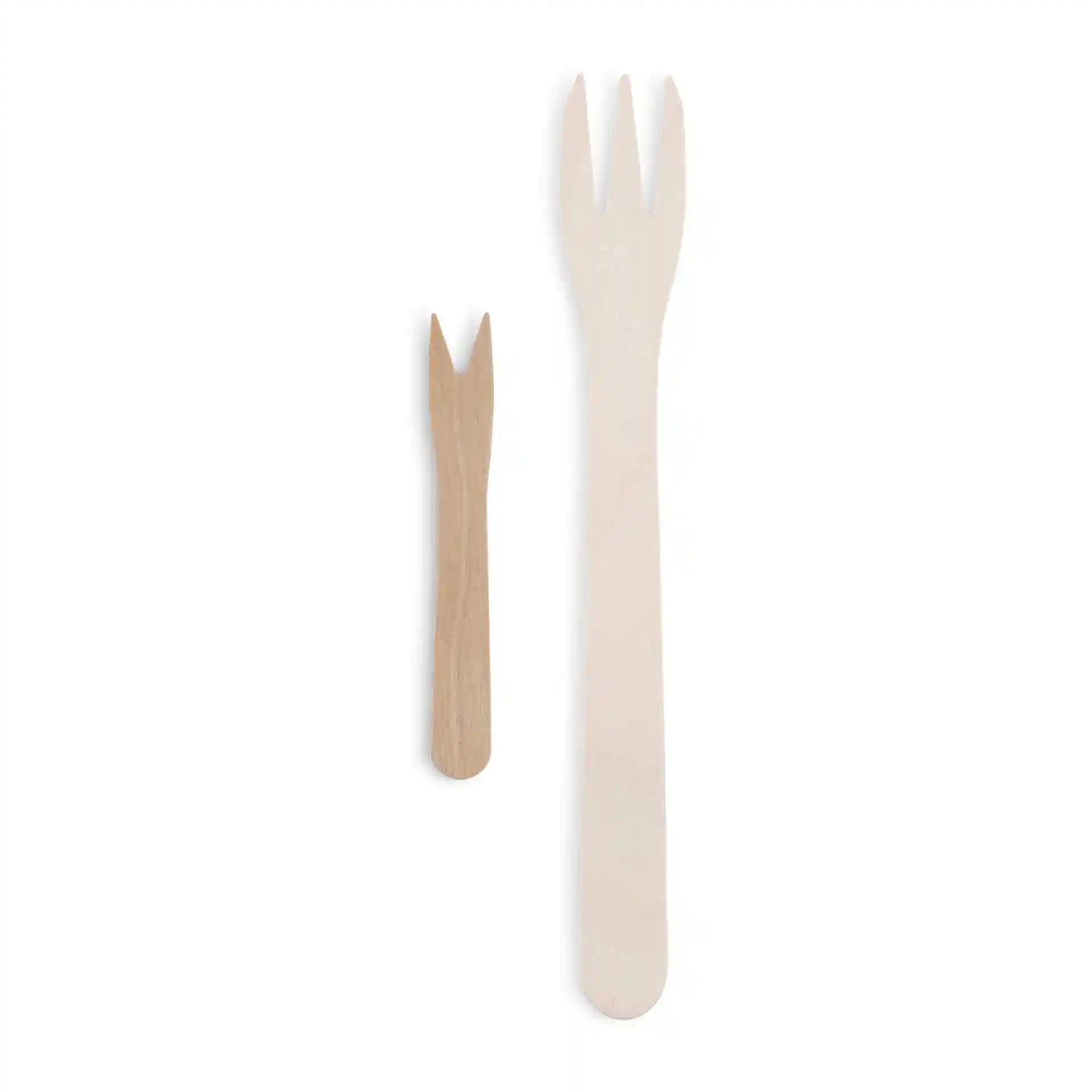 Image of two wooden chip forks, one larger and one smaller, both with forked ends on a white background.