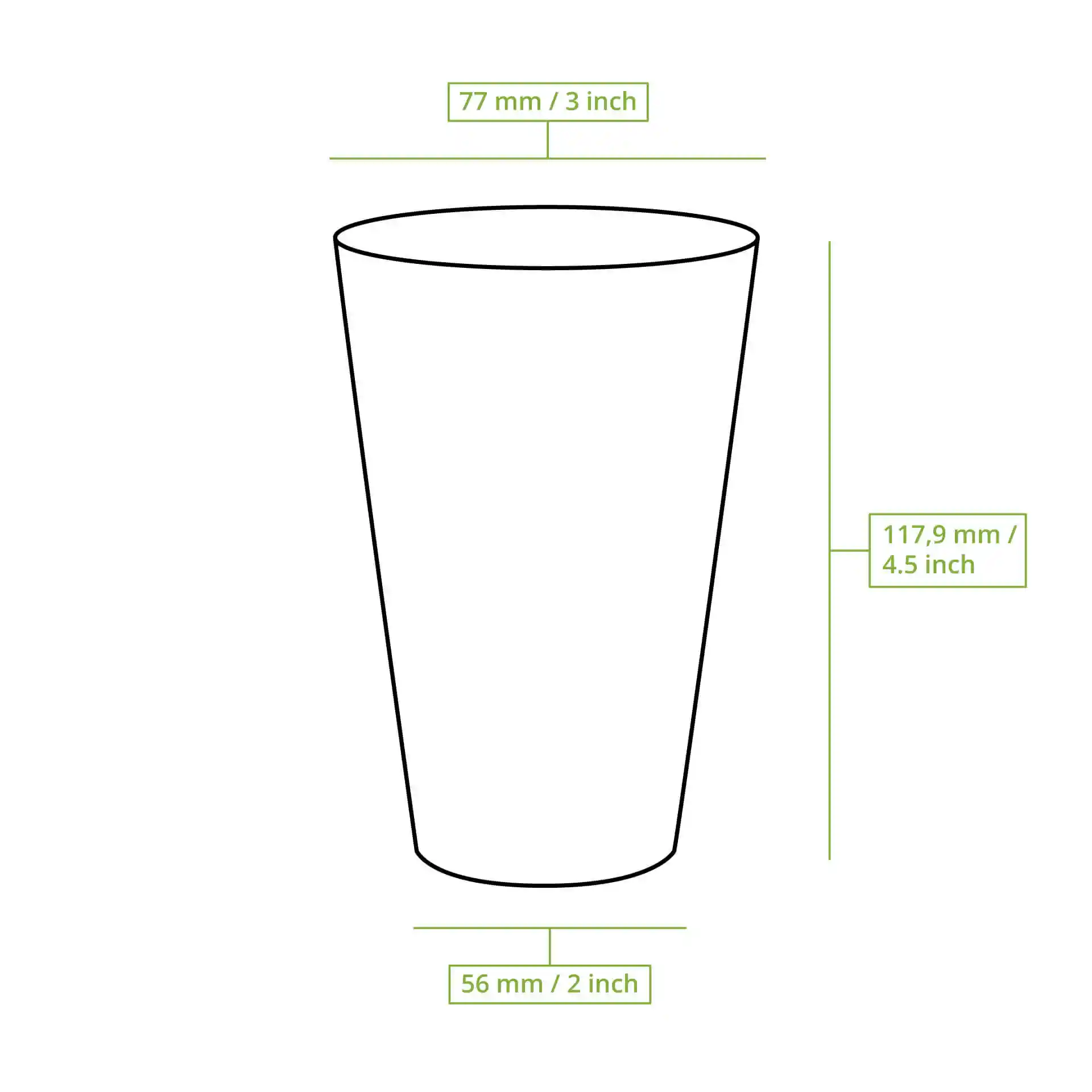 Schematic drawing of a transparent reusable cup with dimensions: height 117 mm, top diameter 77 mm, bottom diameter 56 mm.