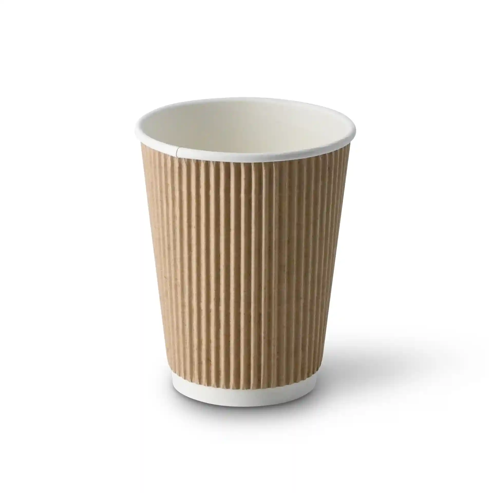 Brown ribbed paper cup with a white interior, 12 oz capacity, 110 mm height, and 90 mm diameter.