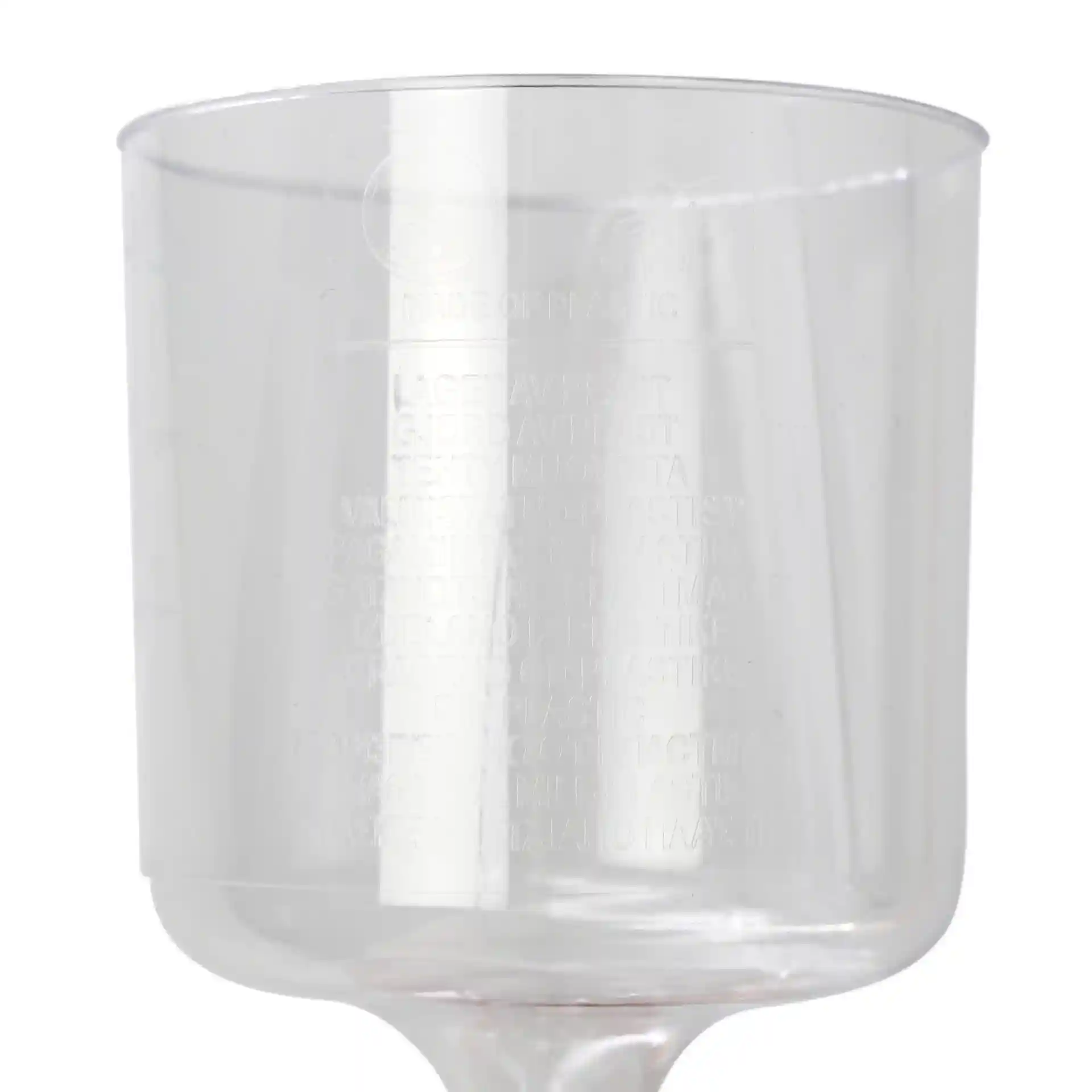 Transparent reusable wine glass with a capacity of 200 ml, featuring a smooth surface and a tapered base.