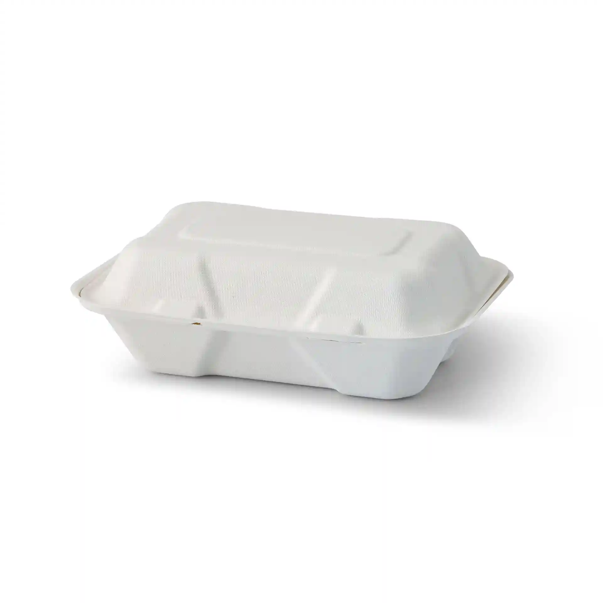 Rechteckiger weißer Behälter mit Scharnierdeckel aus Zuckerrohr, 23 x 15,5 x 7,5 cm groß.