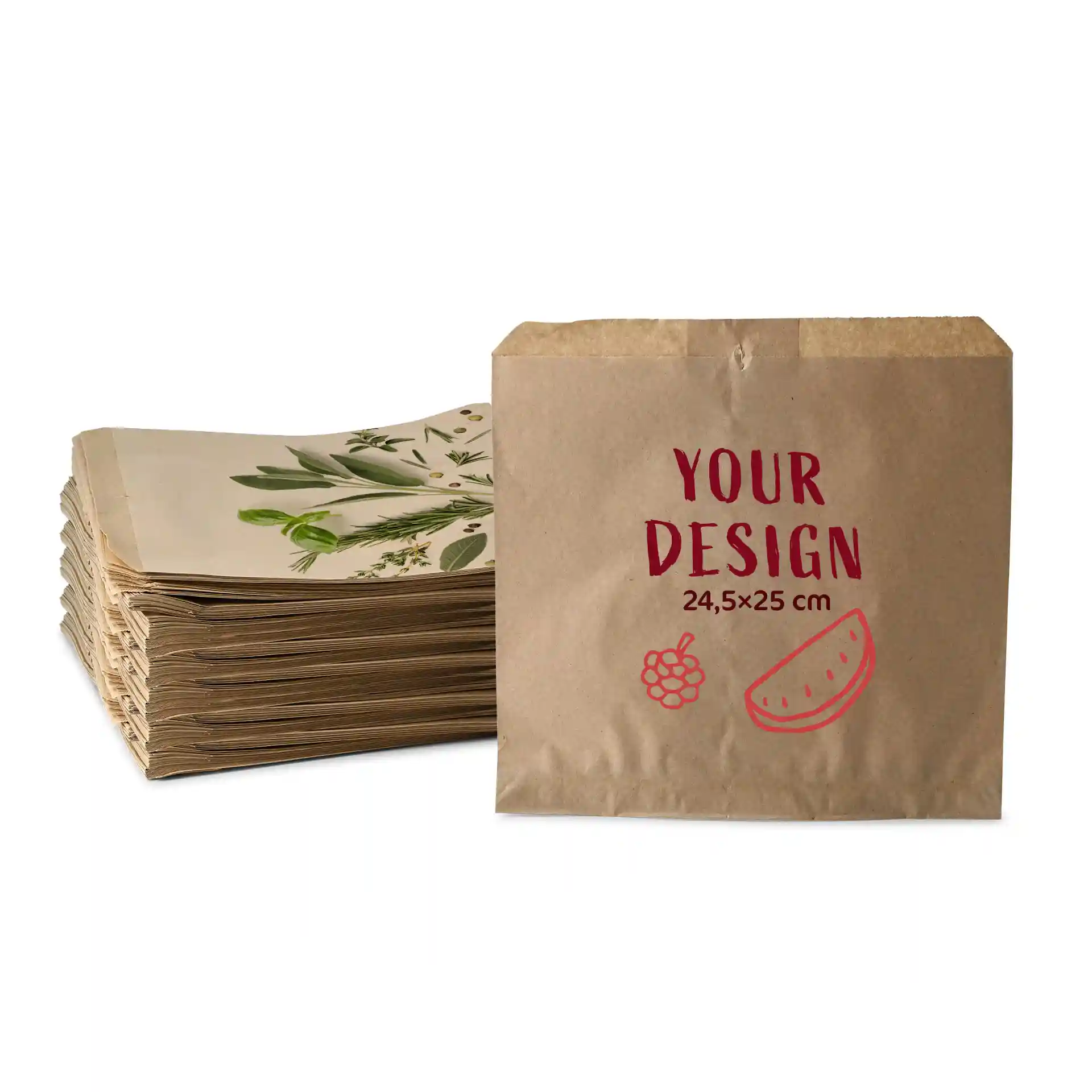 Brown flat bags with a printed design, measuring 24.5 × 25 cm, stacked behind a single bag.