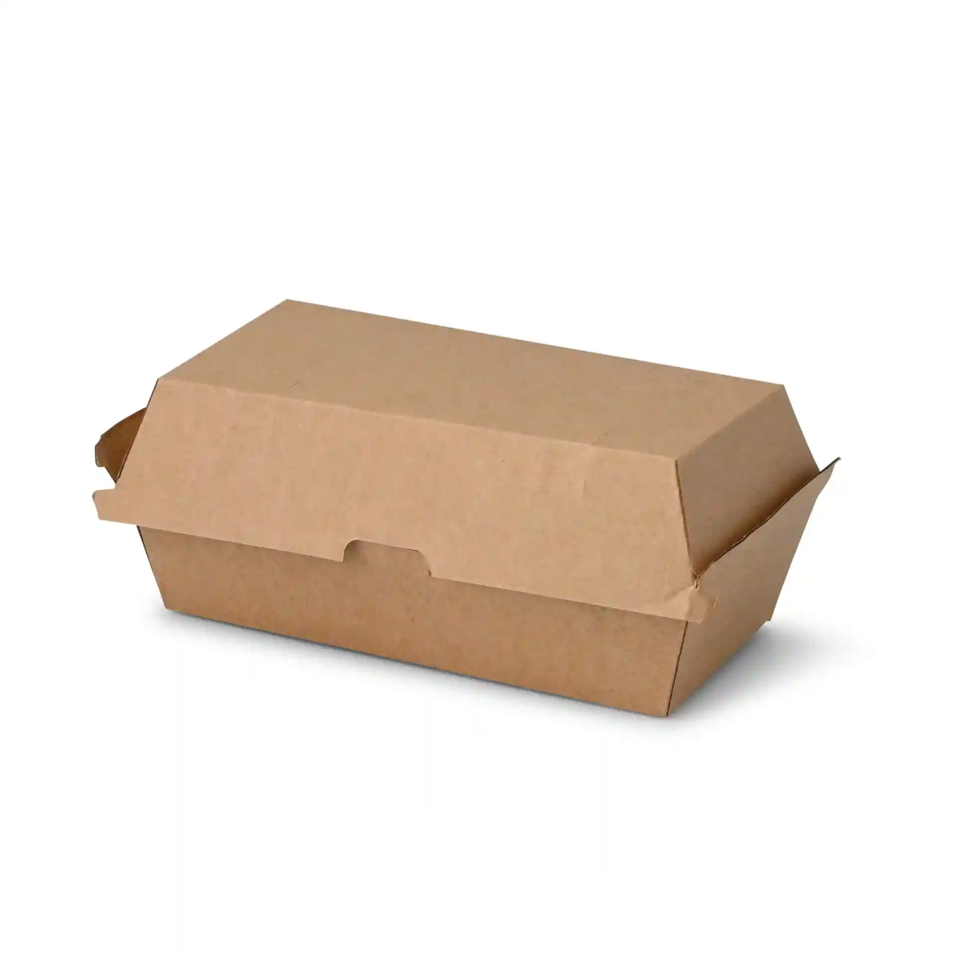 Brown rectangular cardboard food box with a hinged lid, measuring 21.4 x 11.4 x 8.5 cm.