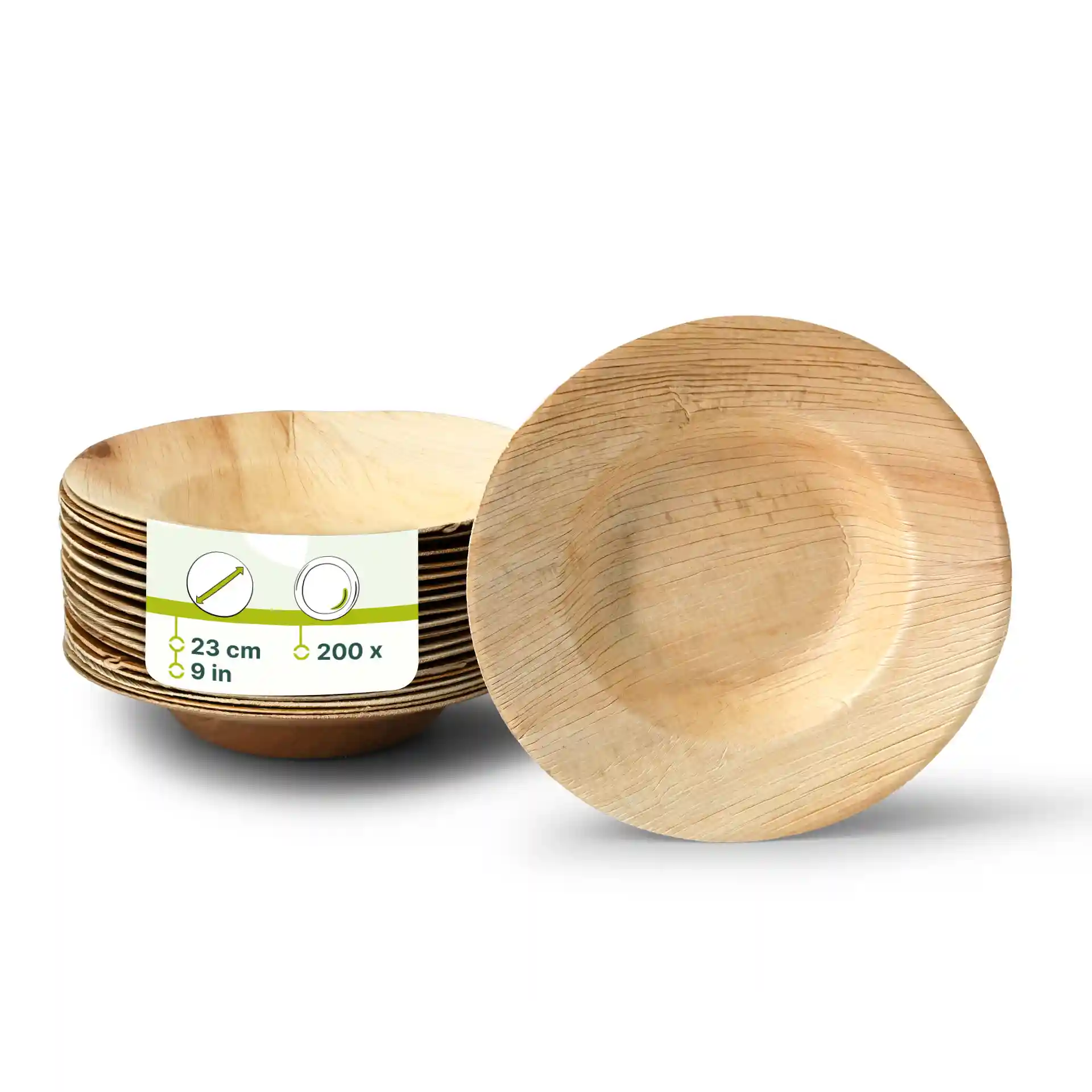 Stapel aus Palmblattplatten, rund mit einem Durchmesser von 23 cm, zeigt eine Platte vorne und ein Etikett mit Details.
