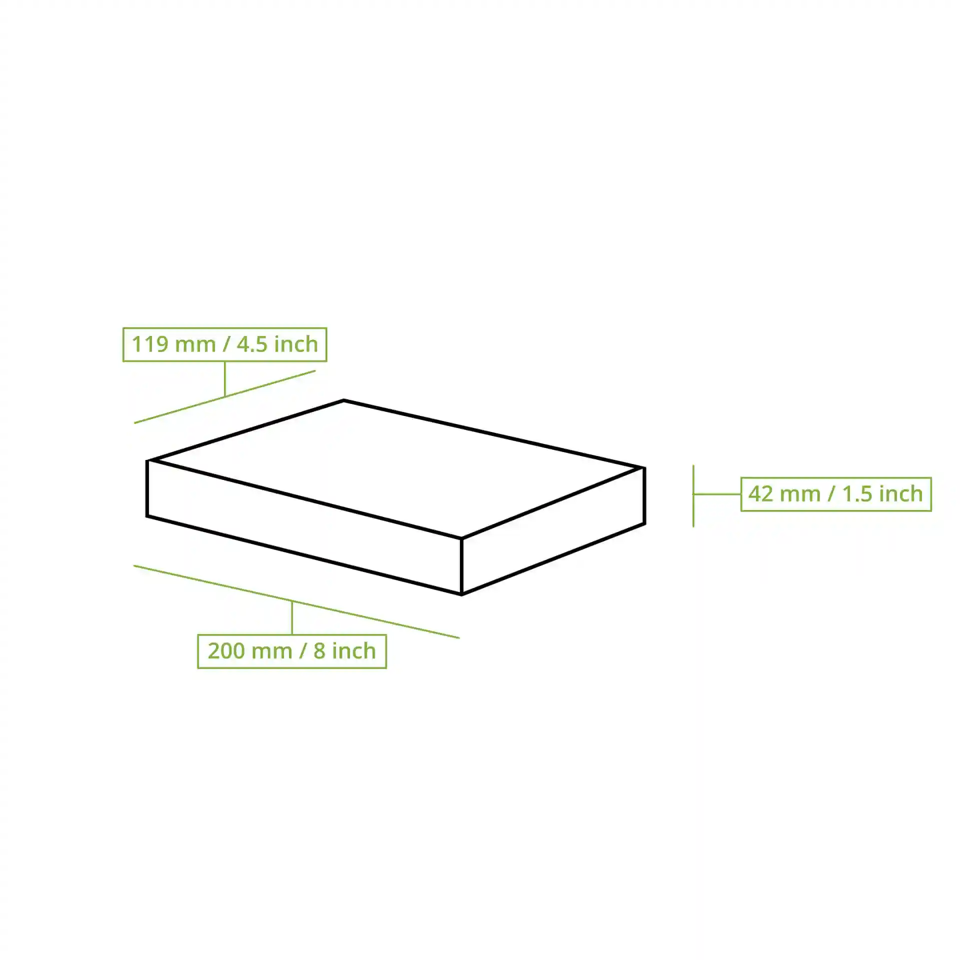 Schematische Zeichnung einer rechteckigen Box mit den Maßen: 120 mm Länge, 200 mm Breite und 42 mm Höhe.