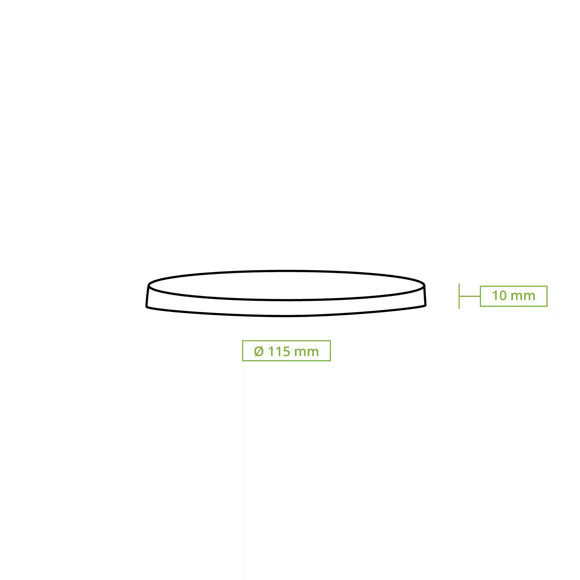 Schematische Zeichnung eines flachen Kartondeckels mit einem Durchmesser von 115 mm und einer Höhe von 10 mm.