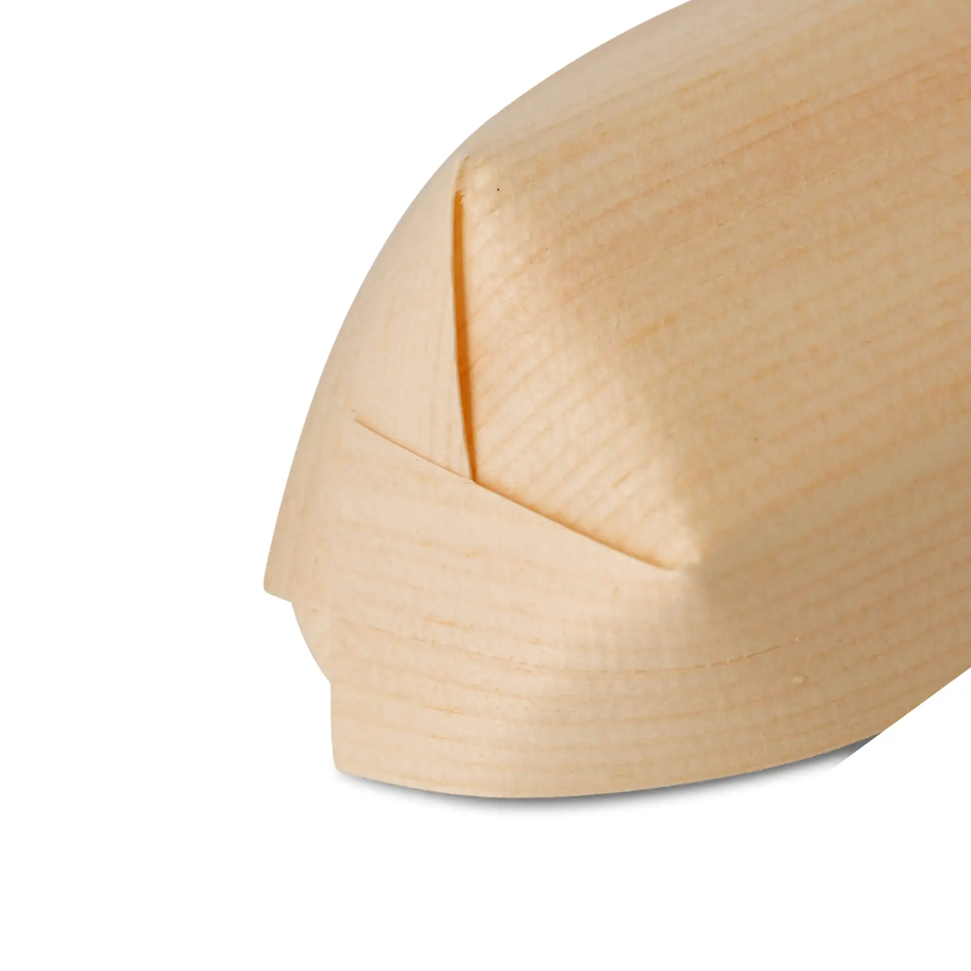 Close-up of a wooden boat-shaped item with smooth edges and a light brown finish.