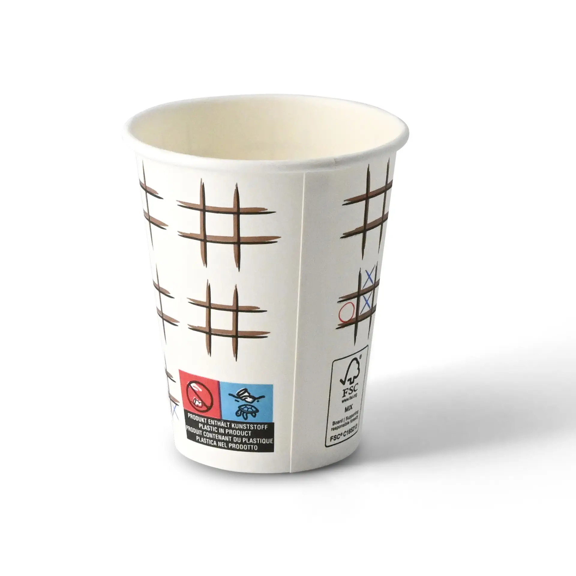 Weißer Becher mit einem gedruckten Tic-Tac-Toe-Design, runde Form und beschichtete Oberfläche.