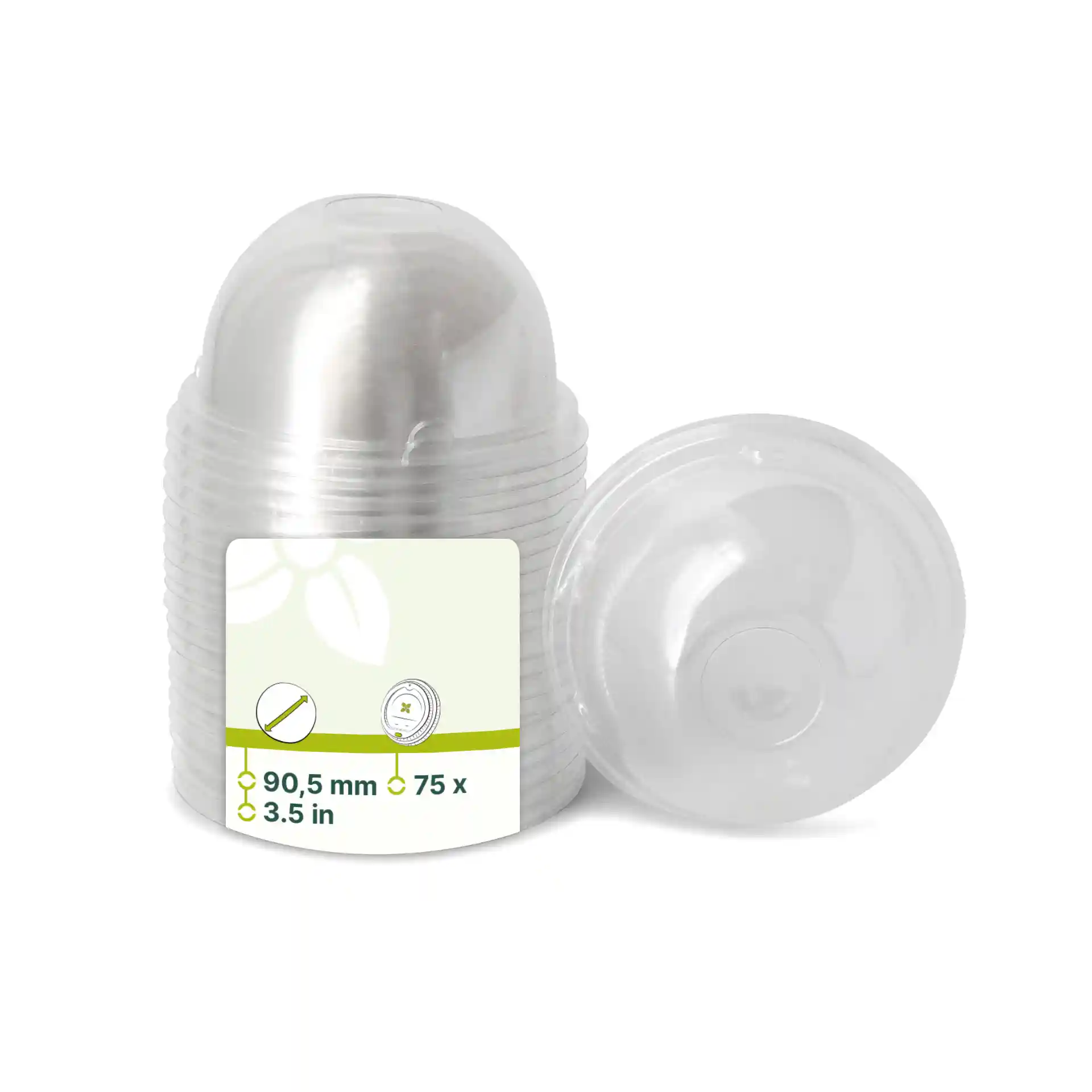 Transparent rPET dome lids stacked, with one lid partially visible, showing a label with product details.