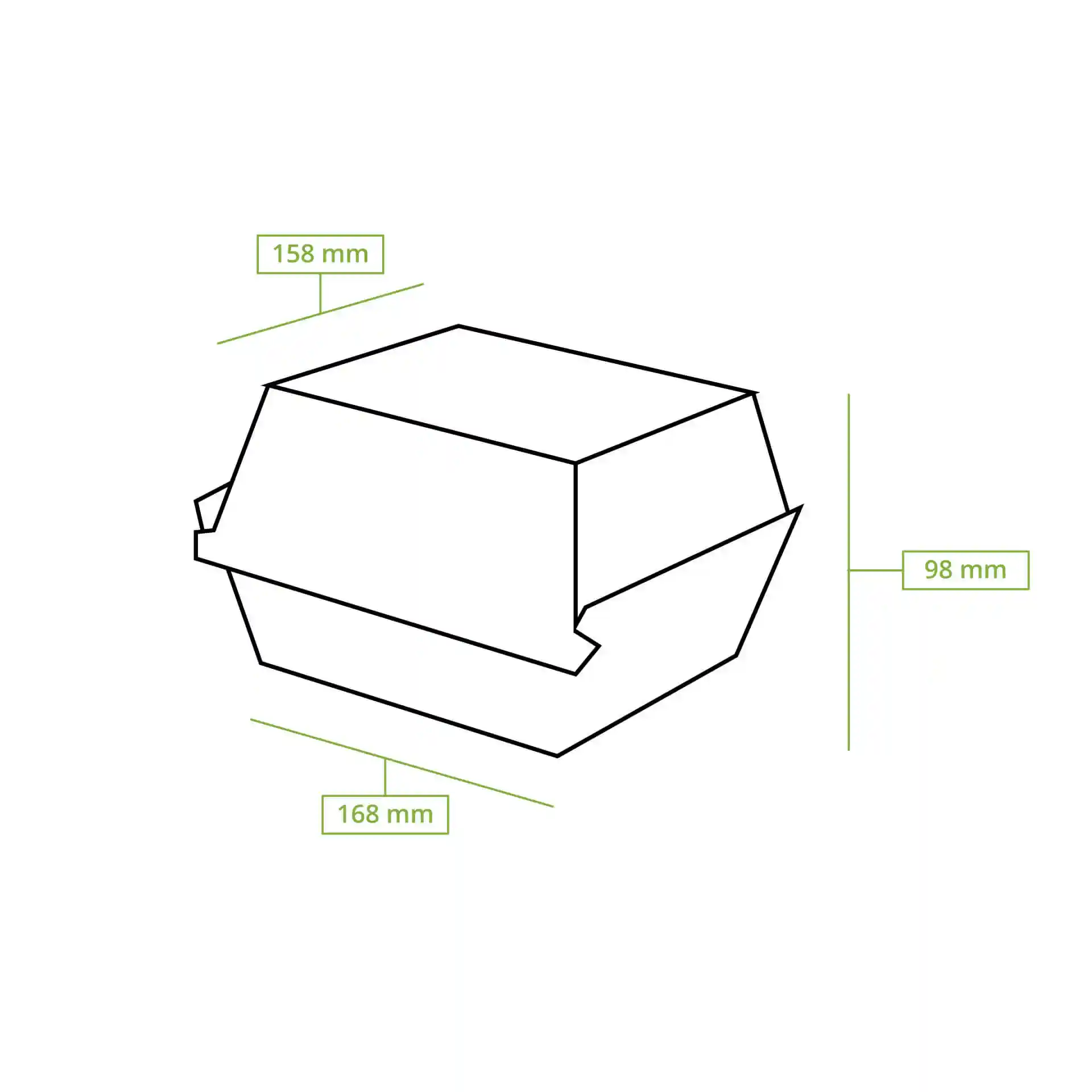Schematische Zeichnung einer rechteckigen Burgerbox mit den Maßen: 168 mm Länge, 158 mm Breite und 98 mm Höhe.