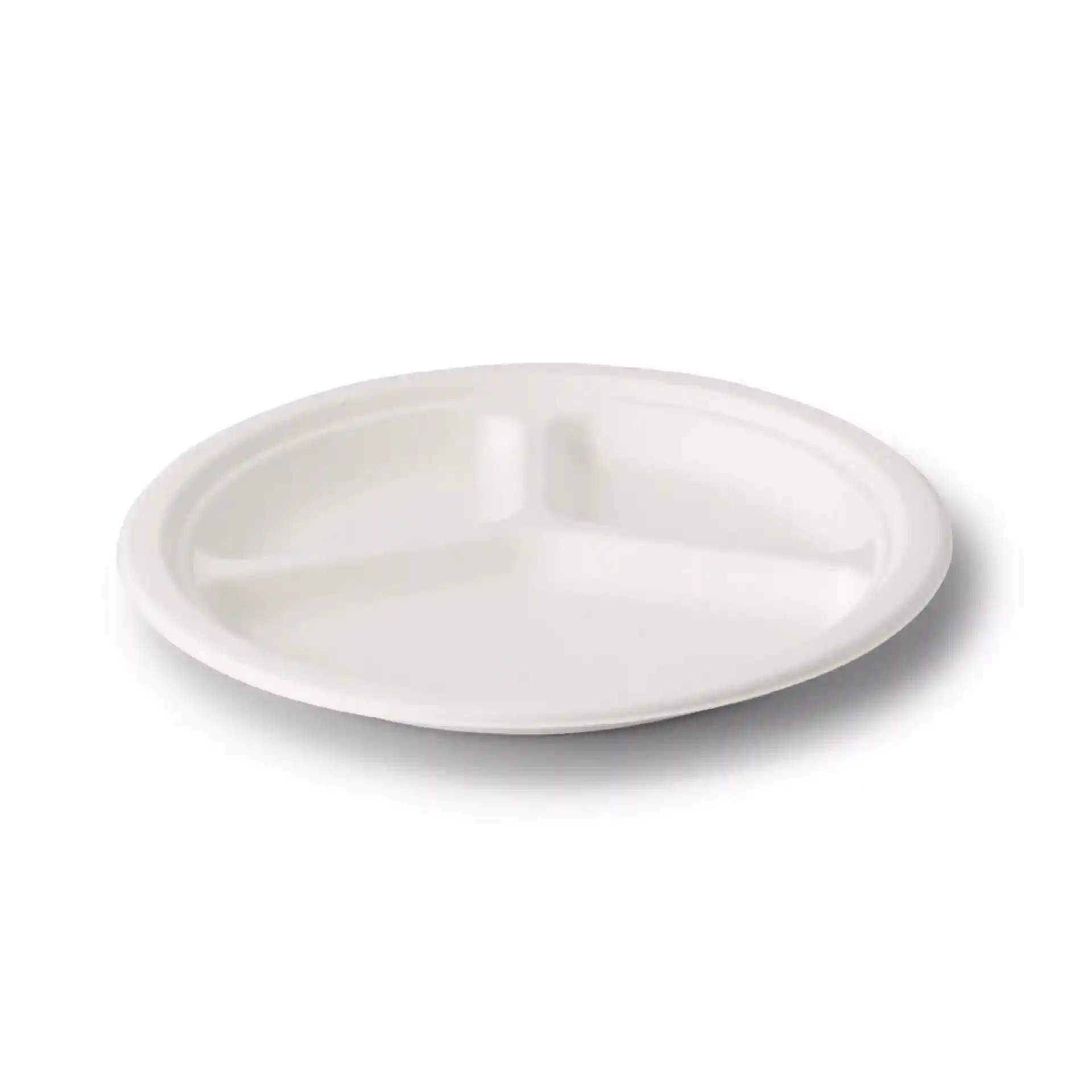 Runder weißer Zuckerrüben-Menü-Teller mit drei Fächern, Durchmesser 26 cm und Höhe 28 mm.