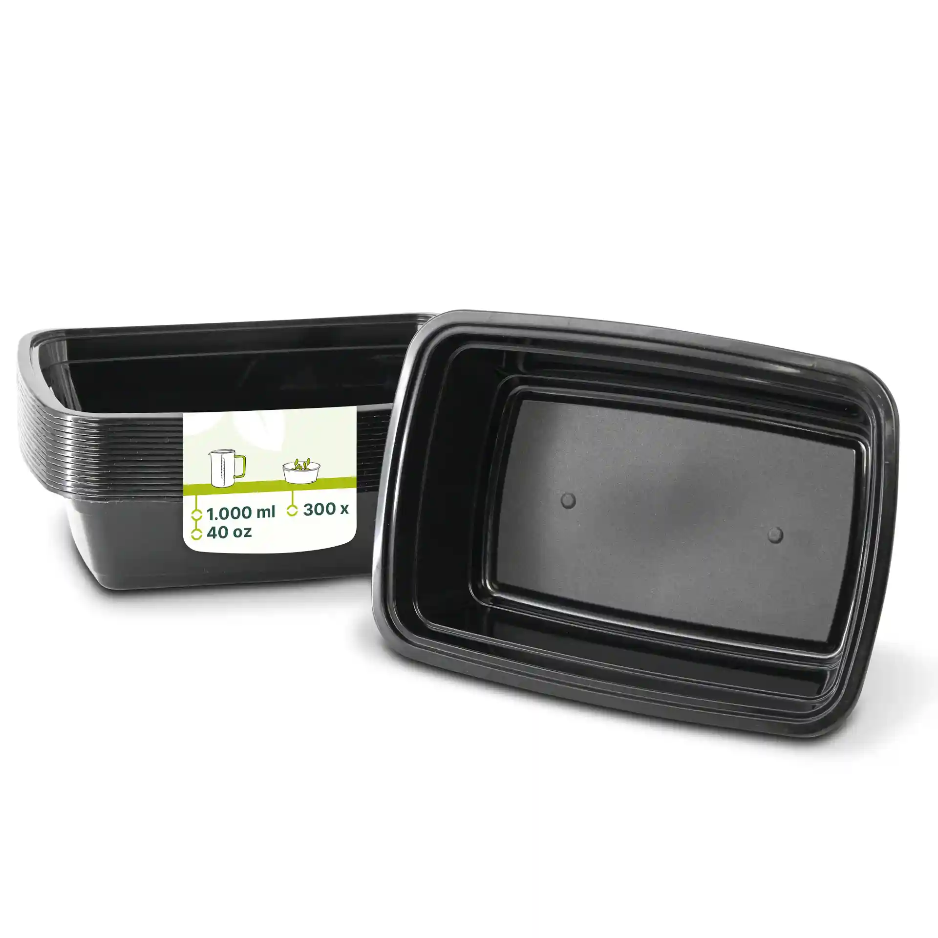 Black rectangular reusable container made of PP, 1000 ml capacity, with a height of 52 mm, length of 217 mm, and width of 150 mm.