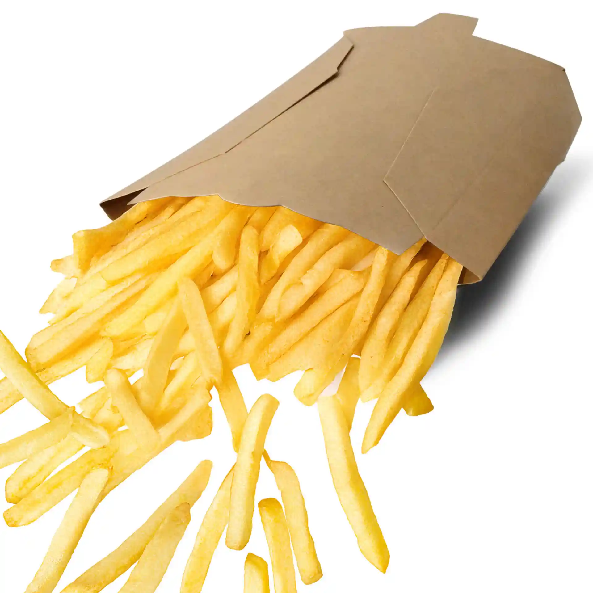 Brauner Pappchip-Schaufel mit herausfallenden Pommes, Maße 8 x 5,5 x 11 cm.