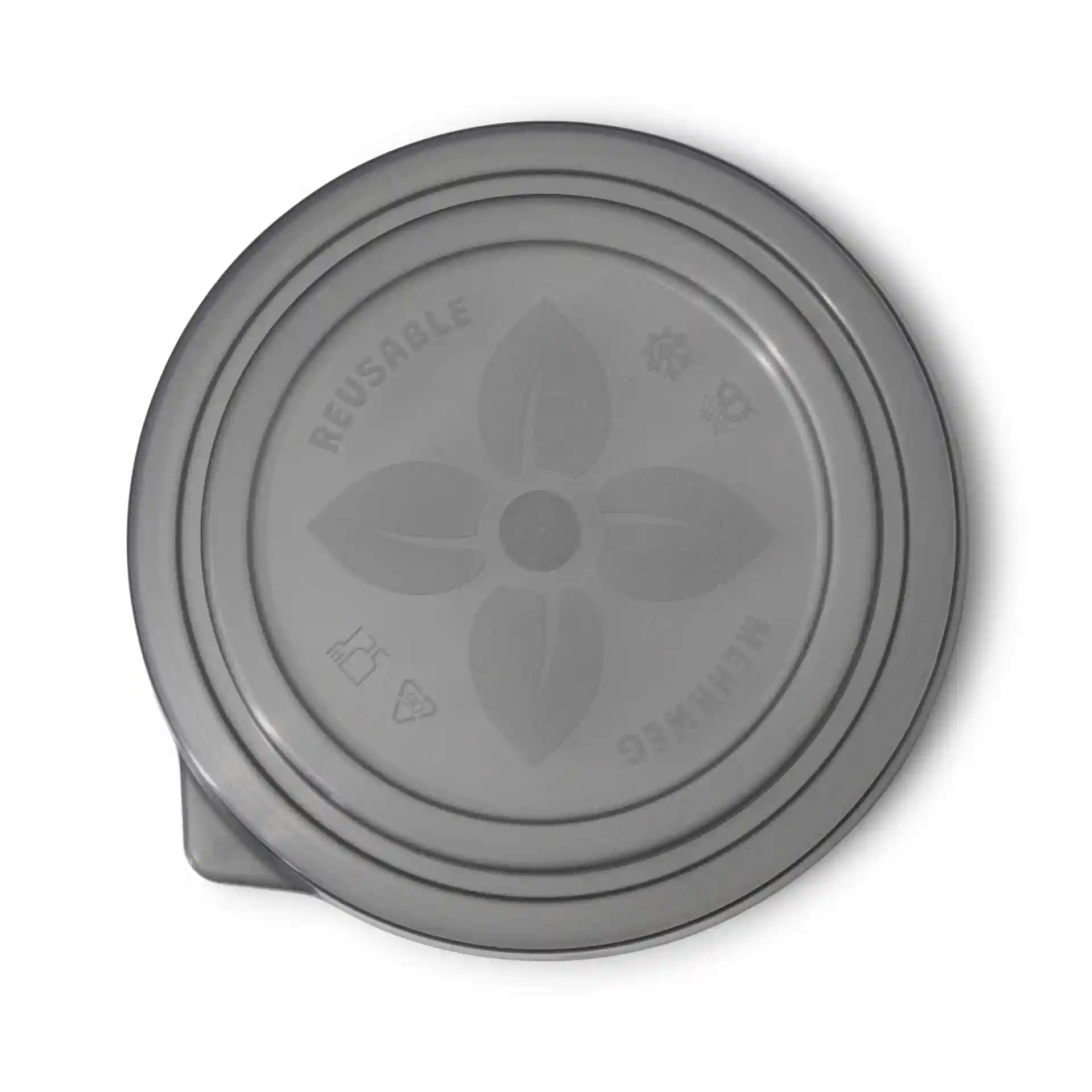 Runder grauer wiederverwendbarer Deckel aus PP, mit einem Durchmesser von 150 mm und einer Höhe von 15 mm.